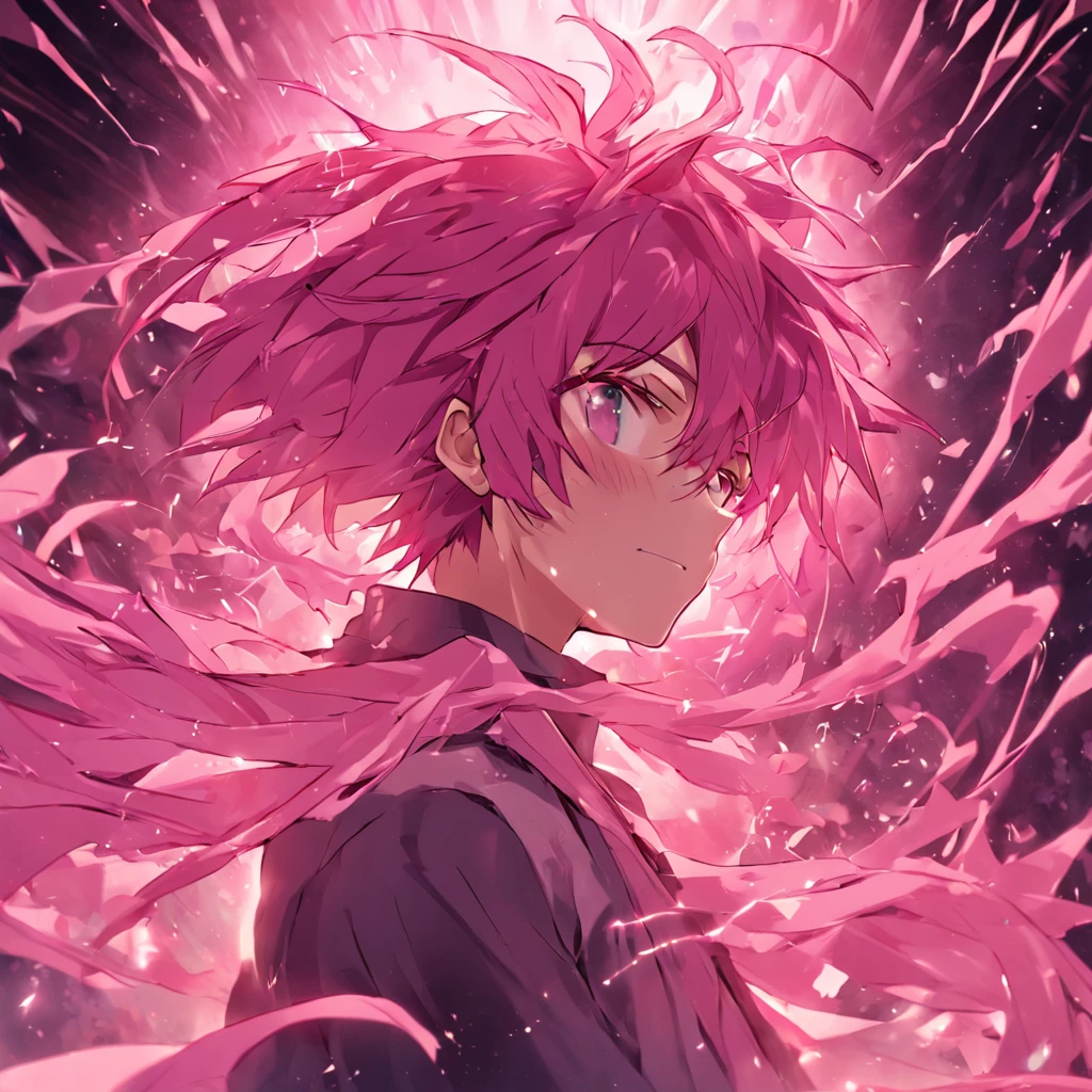 Homem , cabelos rosa , manto de raios