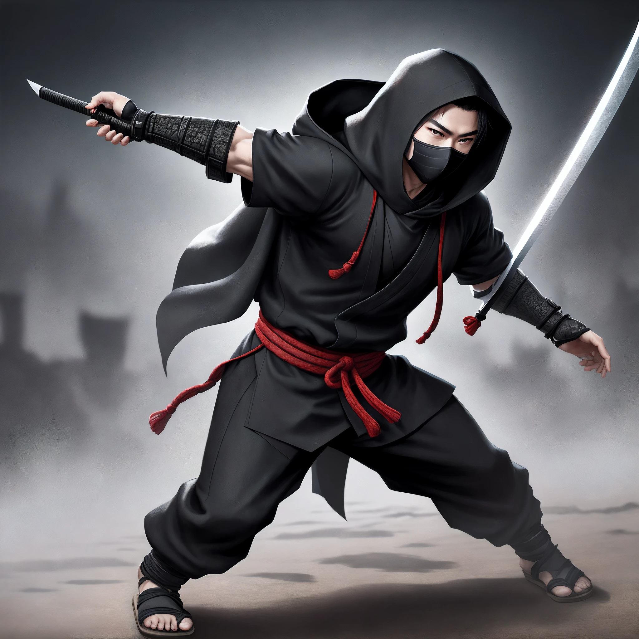 Ninja high quality、4K,、8K、Intricate details、Full body shot、Highly detailed、A male Japanese ninja wearing a Japanese monochrome black ninja costume holds a ninja sword,Hold it calmly、Pitch-black ninja costume、Wearing a hood、In the background is a shuriken