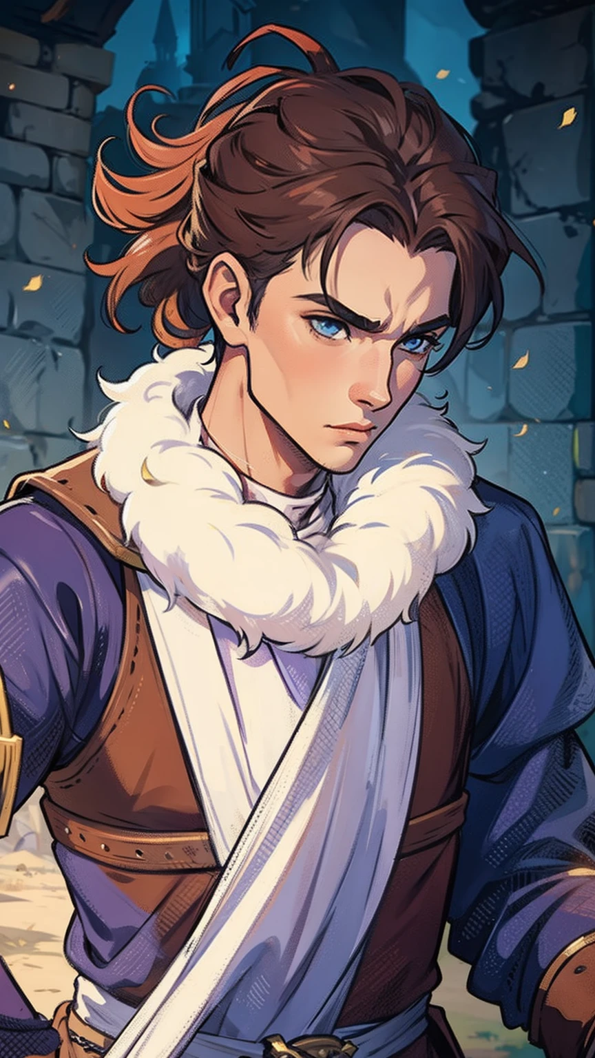 Um homem lindo de 30 anos arte para um rpg uma arte medieval. Um fundo com ceu