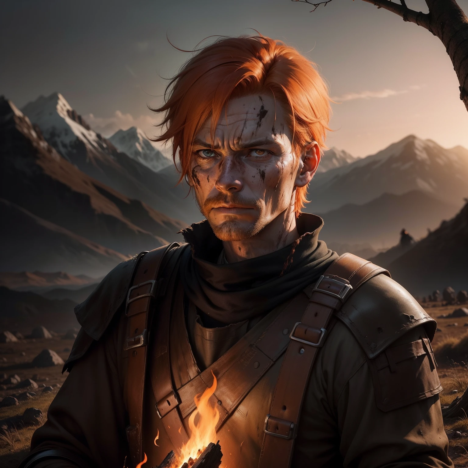 A tired warrior who can tell from his face that he has reached the end of the line, he has orange hair, his face is very dirty and bloody, his clothes are black, he is fifty years old, it is dark and it is night, there are high mountains behind him, he is sitting on a tree stump and He made a fire