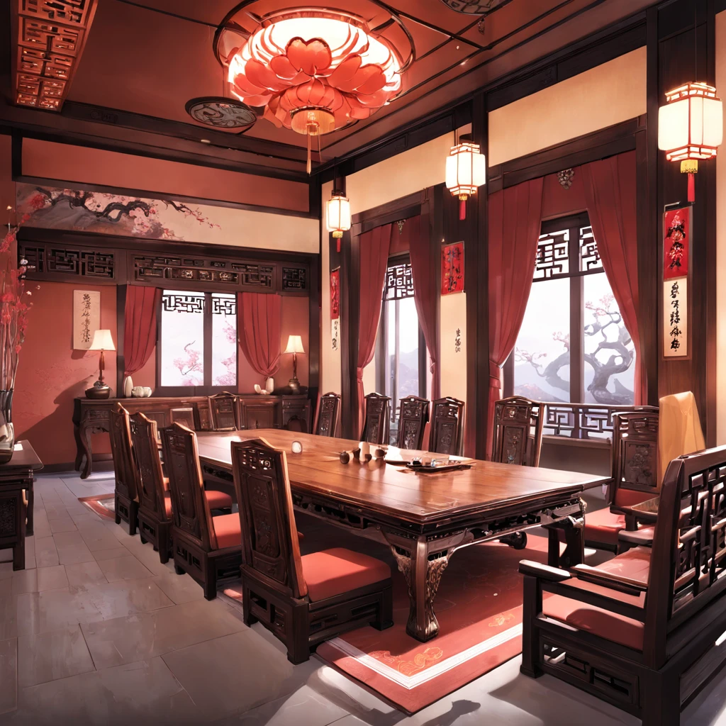 Masterpiece, best quality, 8K, (antique style interior design), ancient Chinese princess room, a large room, (long table: 1.3), There are various fruits on the long table,the long table is made of pear blossom wood, carved with dragon and phoenix patterns. Luxury and luxury.