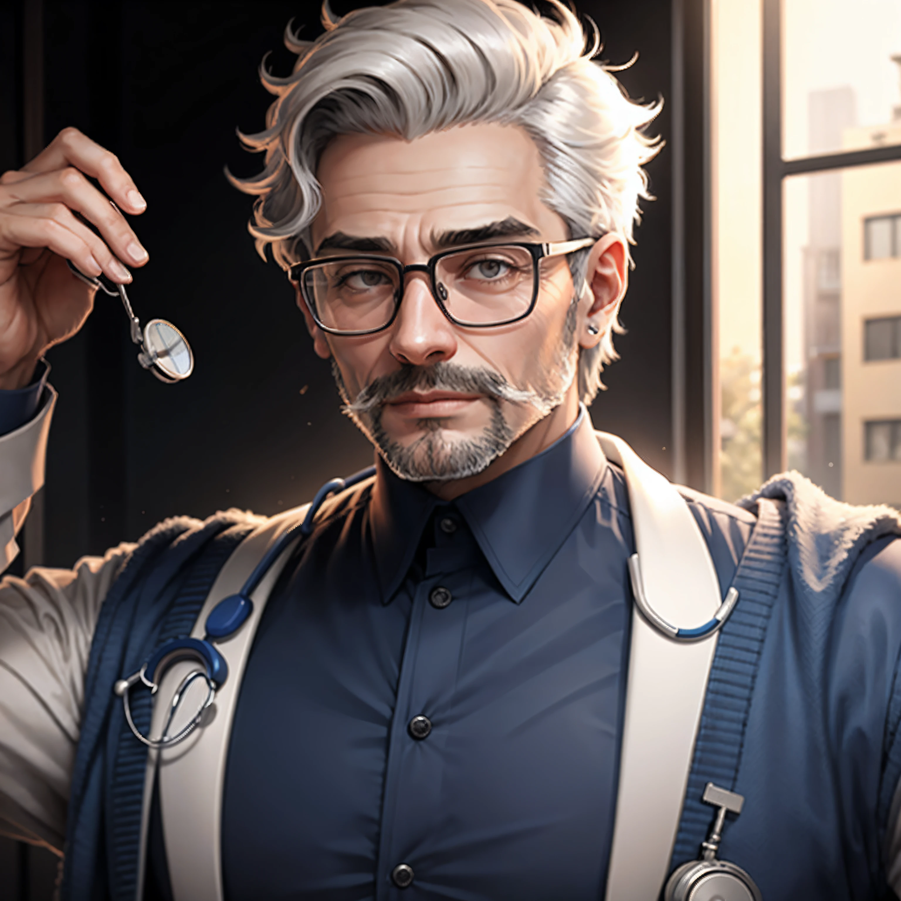 a doctor, wearing round glasses, masculino, cabelo escuro.