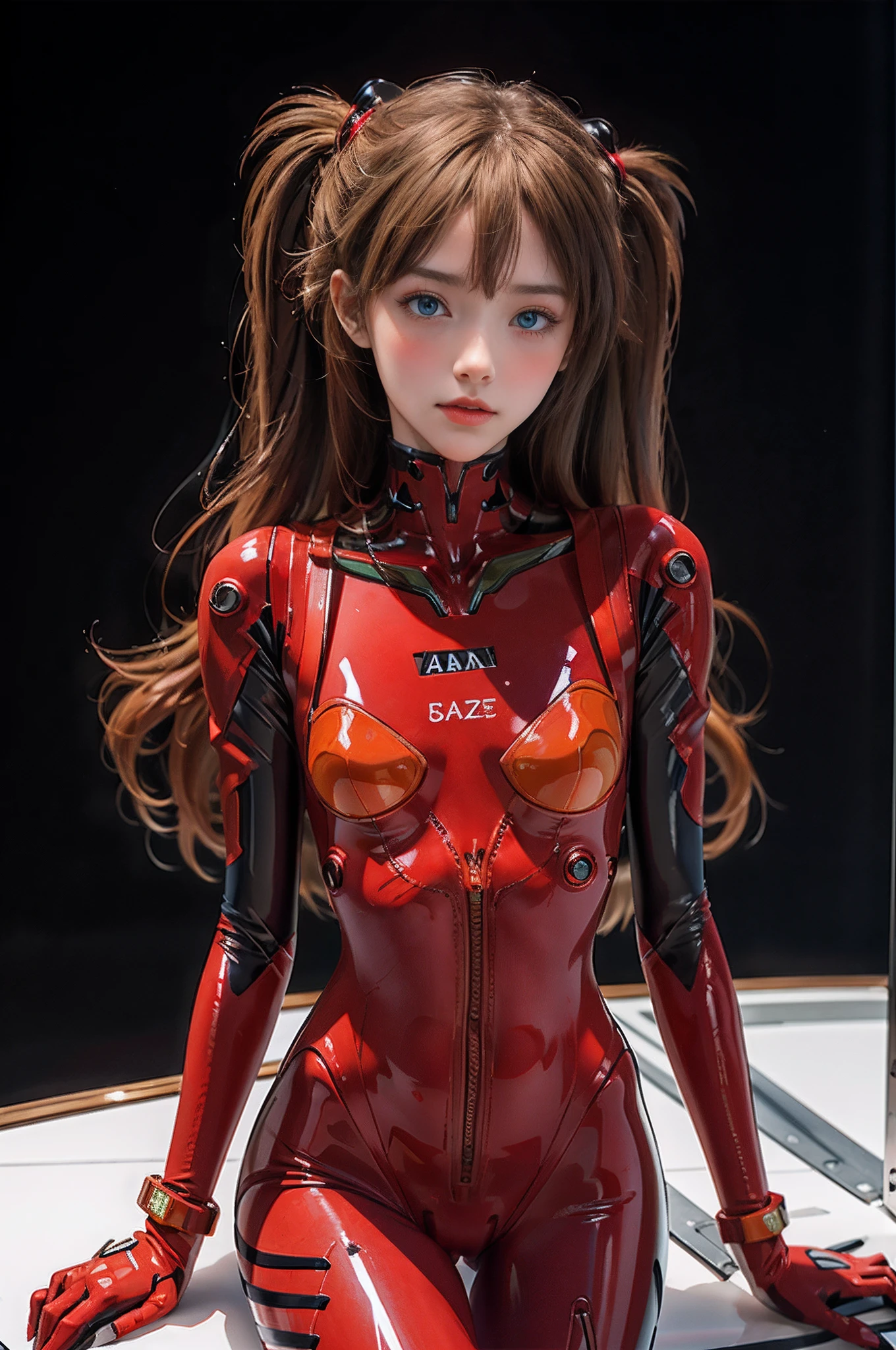 Asuka standing Tal on a warship (real)))) Photos, ((Full body:1.1)), Best quality, 1 woman, Long legs, ultra detailed face, Detailed lips, Detailed eyes, Double eyelids, Beautiful face, Beautiful eyes, Blue eyes, (red bodysuit, red latex), (glossy), Delicate clothing wrinkles, (((cameltoe))), (erect, Twin tails, Thin waist, Best quality, pale skin, Su-Liu Aska Langle, Plug suit 02, see through, black background, (face and eye details:1.1), self-righteous, blush, ((shy)), very delicate and beautiful girl, dynamic perfect ???????,pose, (to8 contrast style,