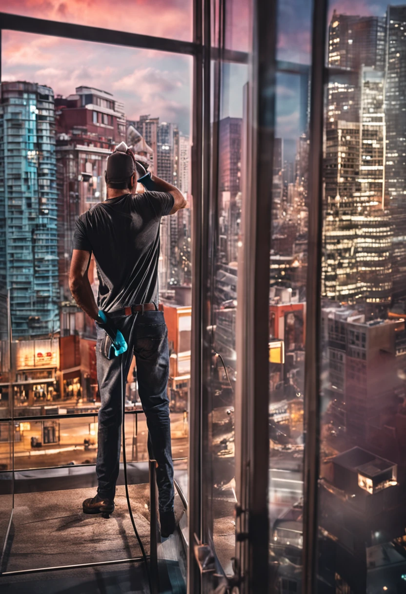 Man cleaning window of a tall building safely, imagem para ilustrar um panfleto