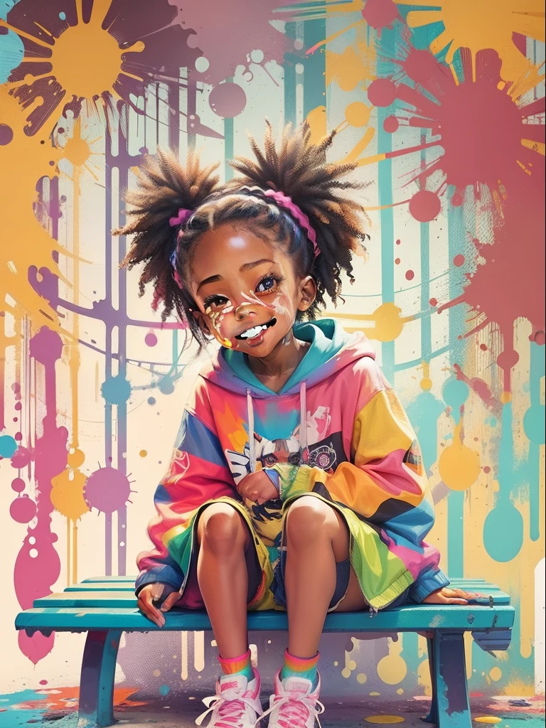 vector art, Colorful graffiti illustration, Cute African American girl sitting on a bench, in the center, Bright colors, paint splashes and blots, Adobe Illustrator, high detail, white background, happy mood