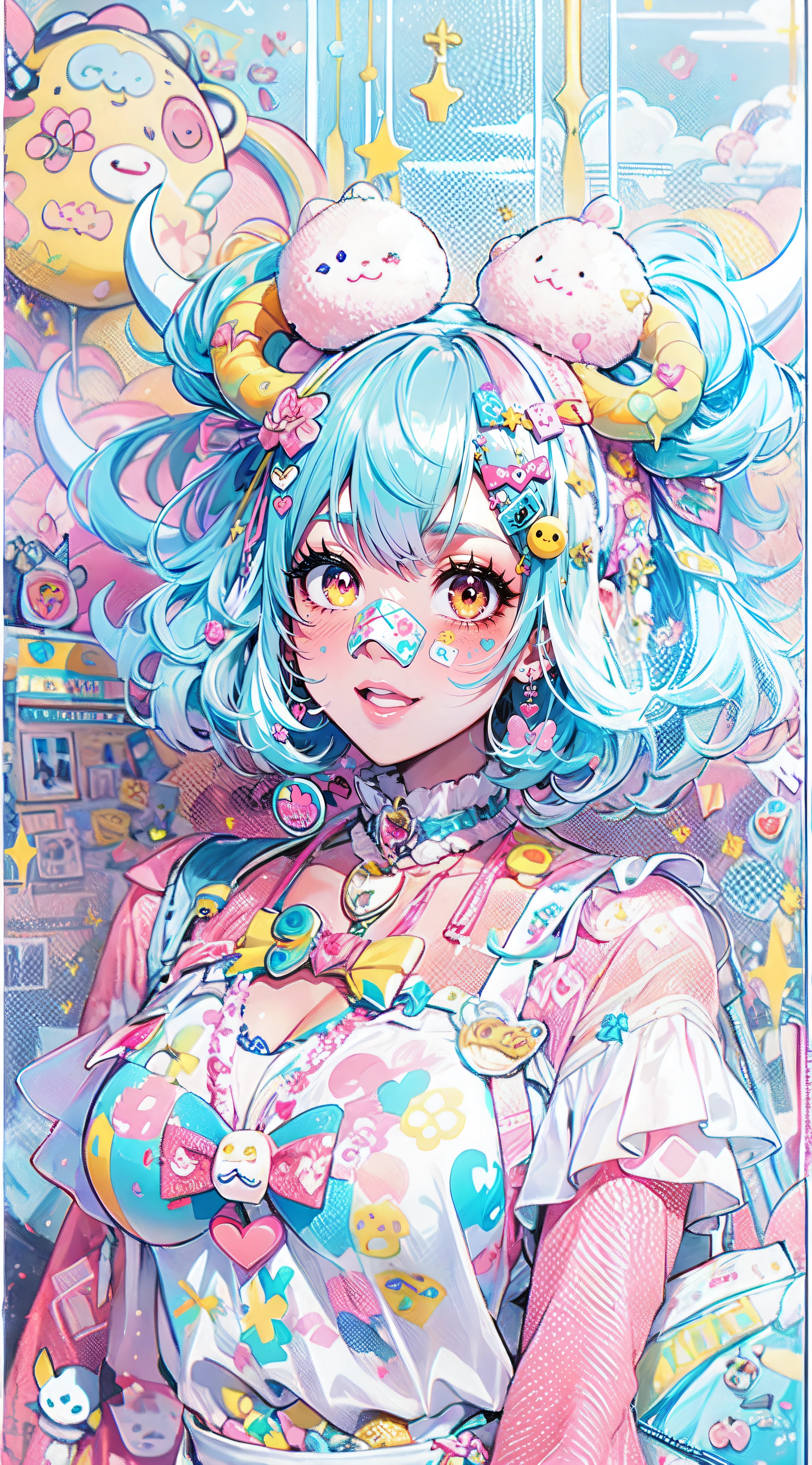"kawaii, cute, adorable woman with pink, yellow, and baby blue color scheme. She is dressed in sky-themed clothes made out of clouds and sky motifs. Her outfit is fluffy and soft, with decora accessories like hairclips. She embodies the vibrant and trendy Harajuku fashion style." White hair, red eyes, horns, demon wings, big boobs,big ass, big lips, juicy lips, huge hair, smile