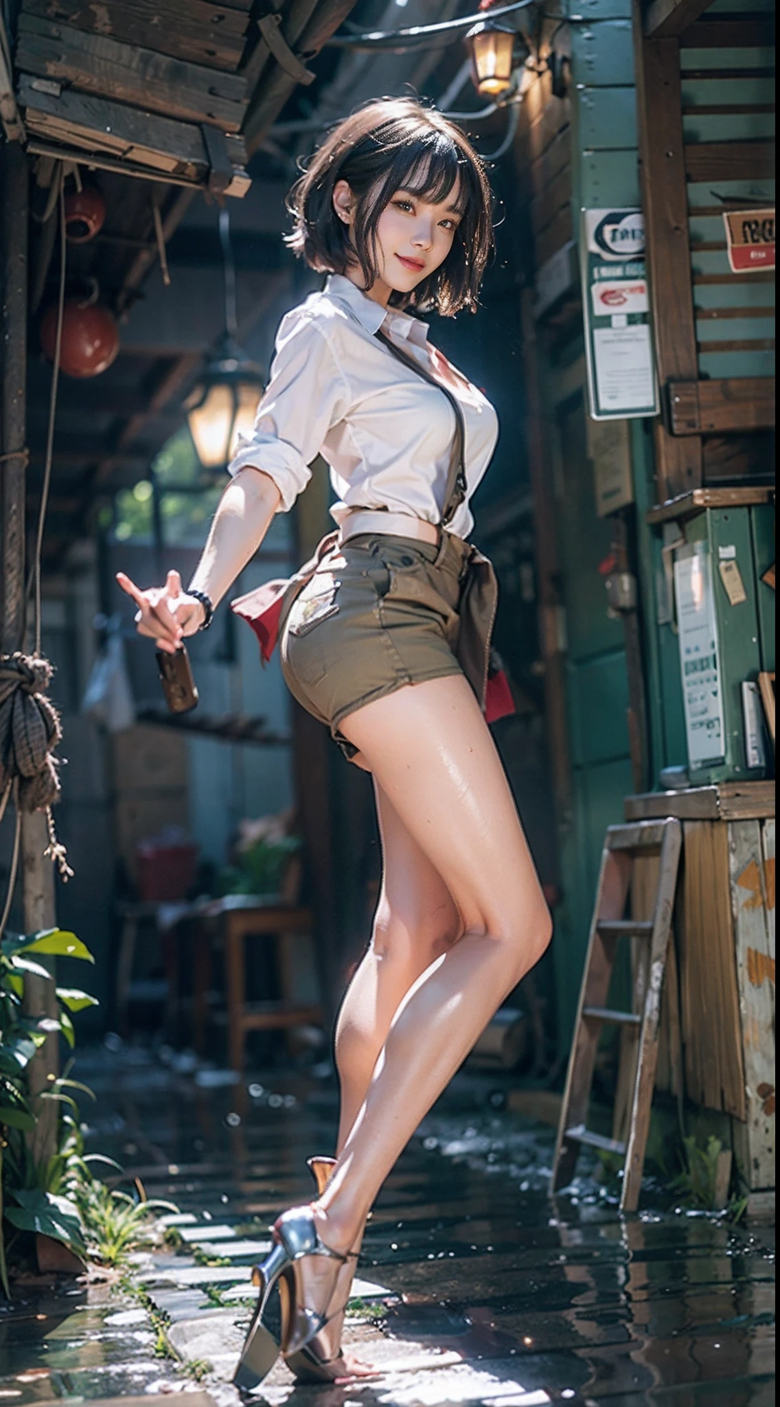 NSFW, Modern old cityscape, 1girl in, (Well-formed face), Smiling smile, The costume is sheer, de pele branca, slender, Dark hair, short-hair, beauty legs, Looks Back, Small buttocks, ((A white shirt long enough to hide your buttocks)), (emphasis on the buttocks), (((Point your butt at the camera))), Wet, Sunnyday, surrealism, Cinematic lighting, depth of fields, One-person viewpoint, F/1.8, 135 mm, canon, nffsw, masutepiece, ccurate, Anatomically correct, Textured skin, Super Detail, high details, High quality, awardwinning, Best Quality, hight resolution, 1080p, 4K, 8K