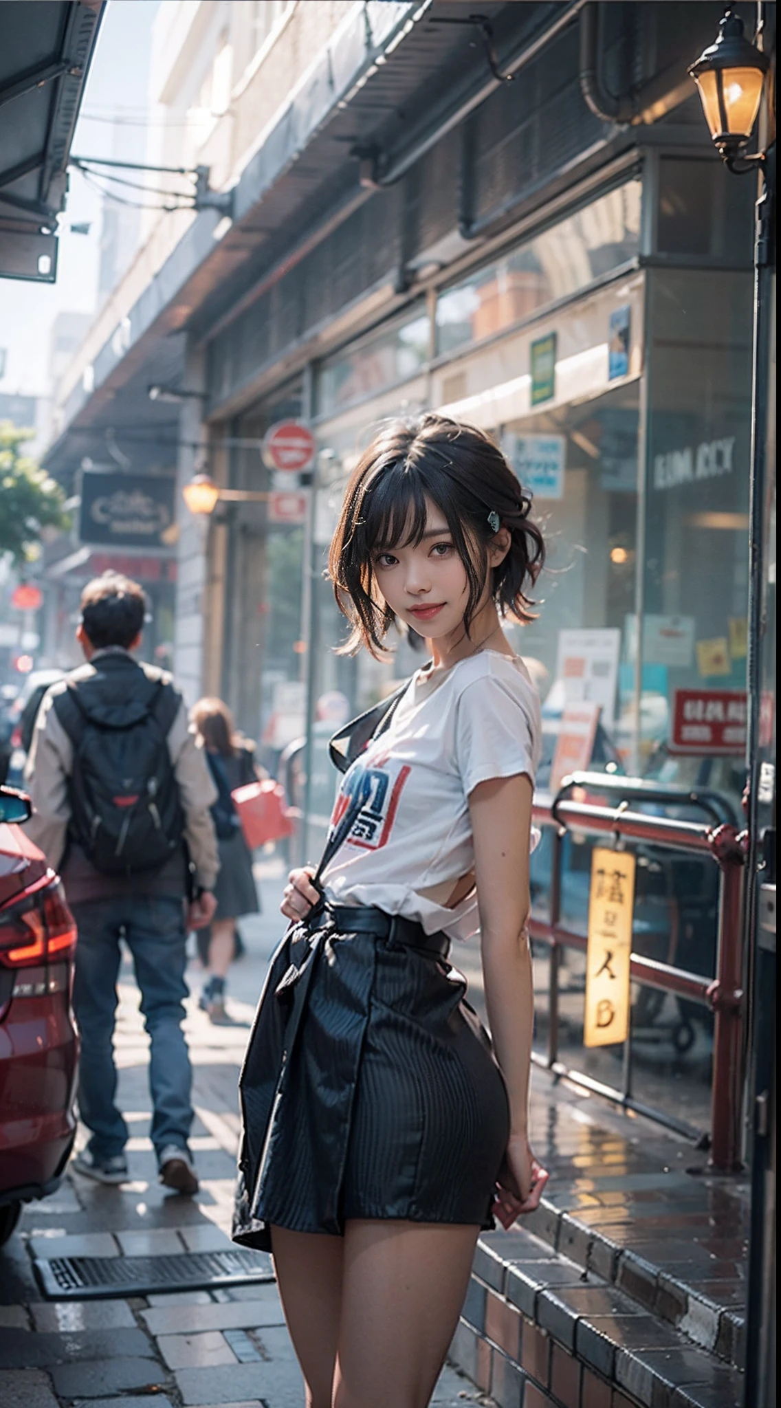 NSFW, Modern old cityscape, 1girl in, (Well-formed face), Smiling smile, The costume is sheer, de pele branca, slender, Dark hair, short-hair, beauty legs, Looks Back, Small buttocks, ((A white shirt long enough to hide your buttocks)), (emphasis on the buttocks), (((Point your butt at the camera))), Wet, Sunnyday, surrealism, Cinematic lighting, depth of fields, One-person viewpoint, F/1.8, 135 mm, canon, nffsw, masutepiece, ccurate, Anatomically correct, Textured skin, Super Detail, high details, High quality, awardwinning, Best Quality, hight resolution, 1080p, 4K, 8K
