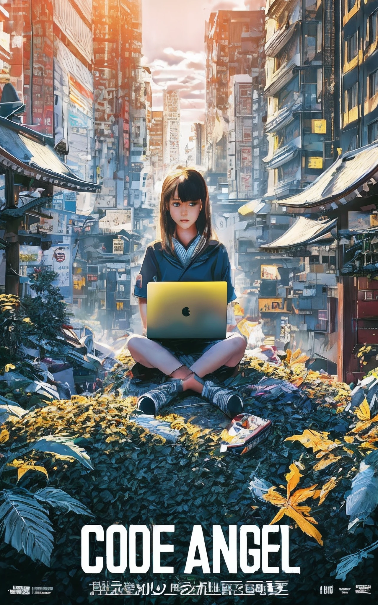 Movie Photography Movie Posters, Showing a -yeld gisitting at a shrine in the valley between buildings in Akihabara, tokyo prefecture, Working with a laptop. The morning sun is shining. 8K, Best Rendering, Top Text Says "Code Angel"