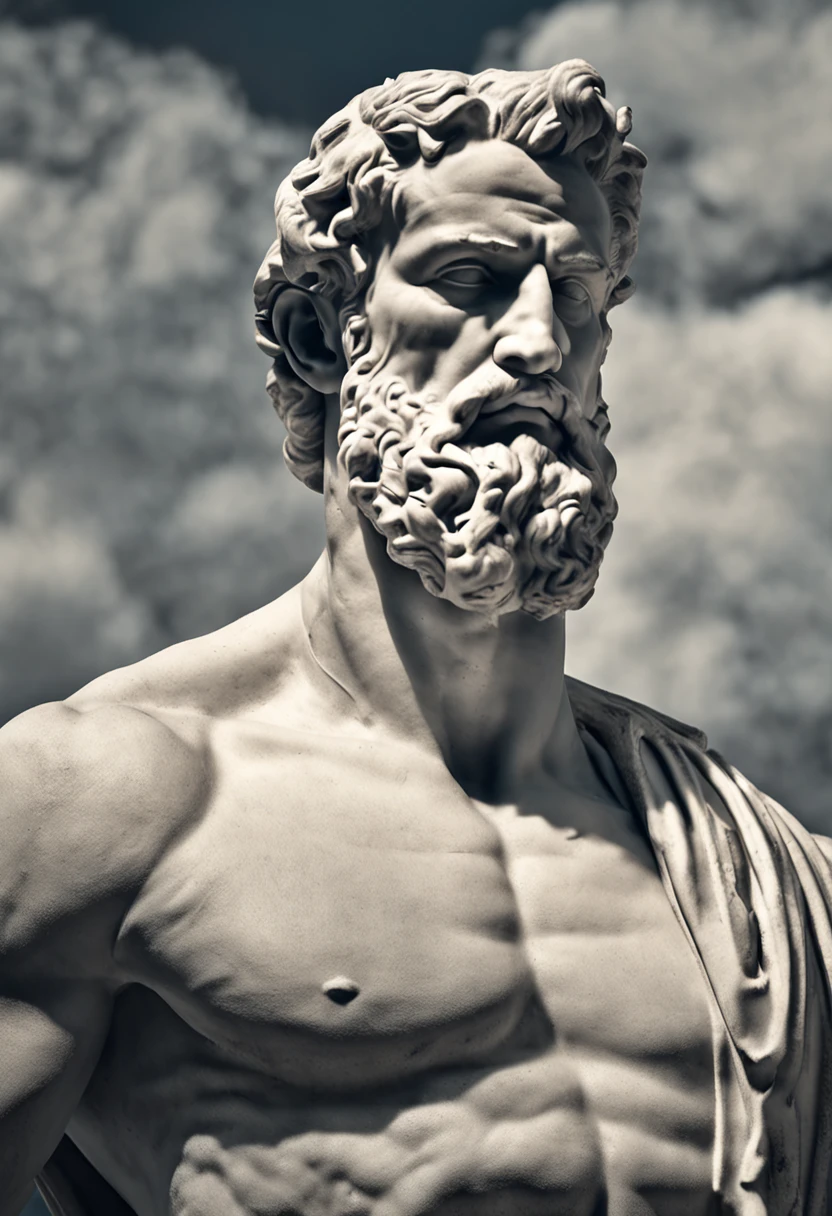 white statue, Stoic gricki which is the historical Greek status with muscles in the muscular man style profile, barba grande, Cinematic 8k and dark background