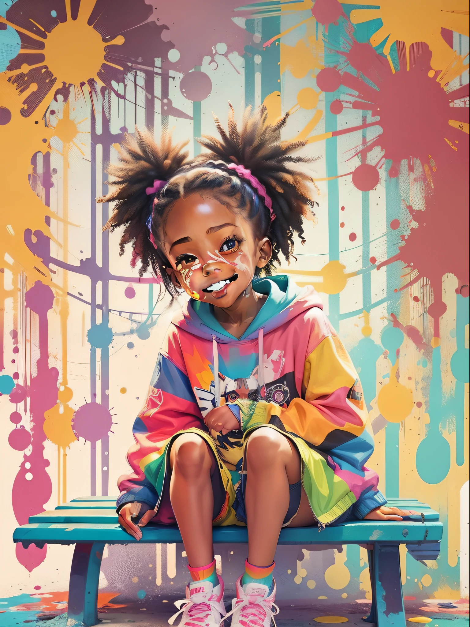 vector art, Colorful graffiti illustration, Cute little African American girl sitting on a bench, in the center, Bright colors, paint splashes and blots, Adobe Illustrator, high detail, white background, happy mood