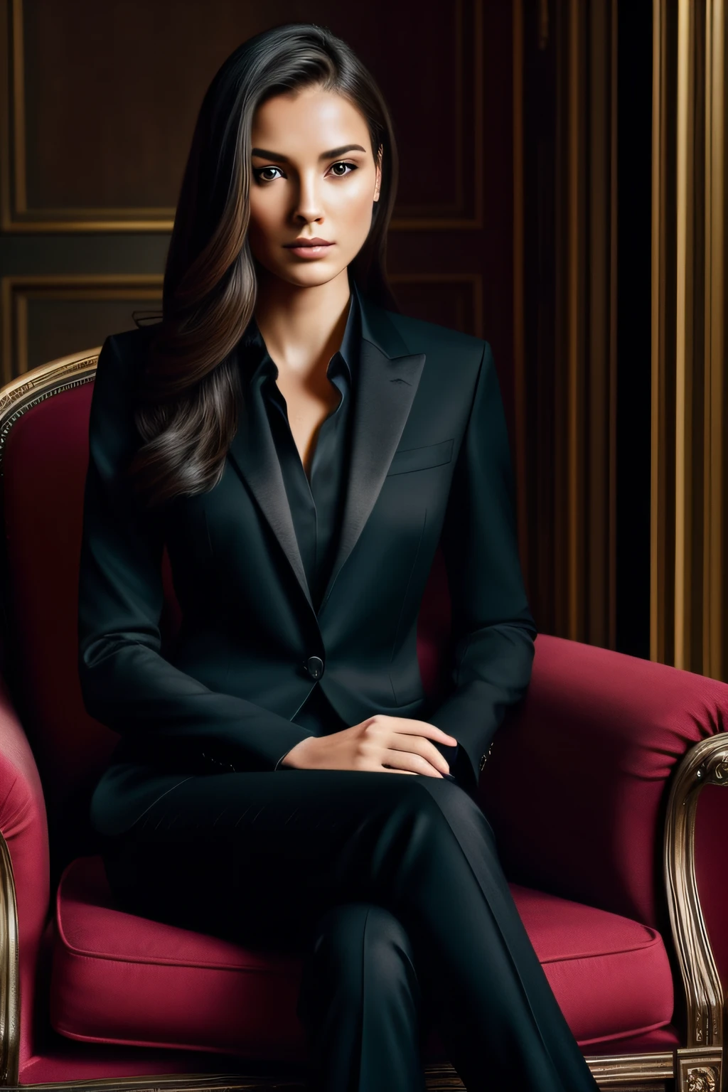 An elegant lady in a tailored black suit, his face illuminated by the light, sitting in an armchair, straight hair, seductive look