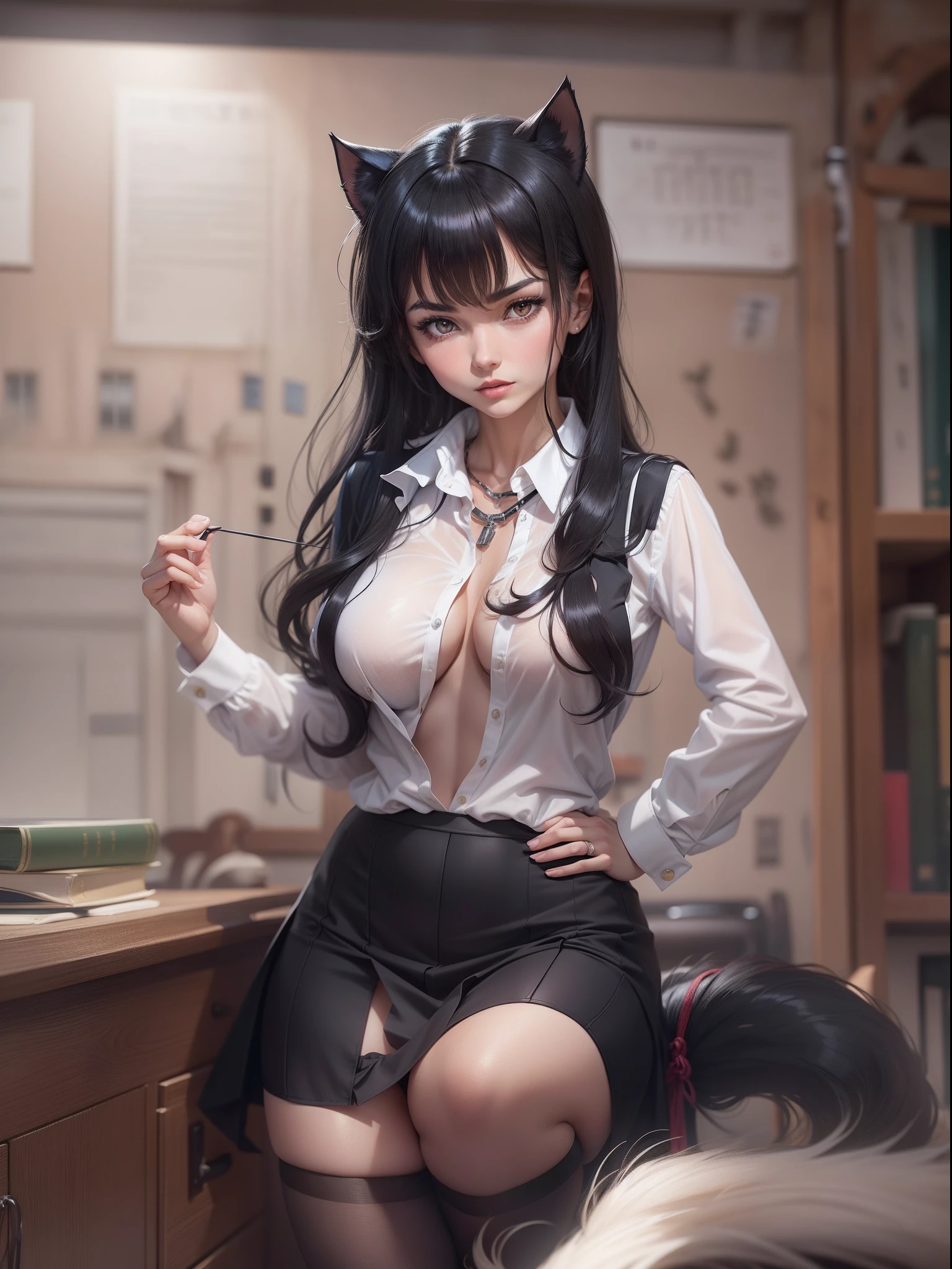 1 Catwoman, 18 years, in a high school uniform, big breastes, beatiful face, Correct proportions, (appearance: black hair, Erotic, super long hair, Hesitate, The blouse is unbuttoned, You can see the underwear, Japan School Uniform, A tail grows from the priest), Background: blackboard, real-photo, hyper realisitc, ultradetail
