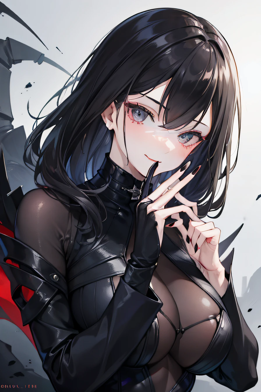 girl, mature, beautiful, taunting face, black wrapped suit, showing shoulders, black widow spider, seductive, long nails, sharp black nails, one finger on lip, smiling