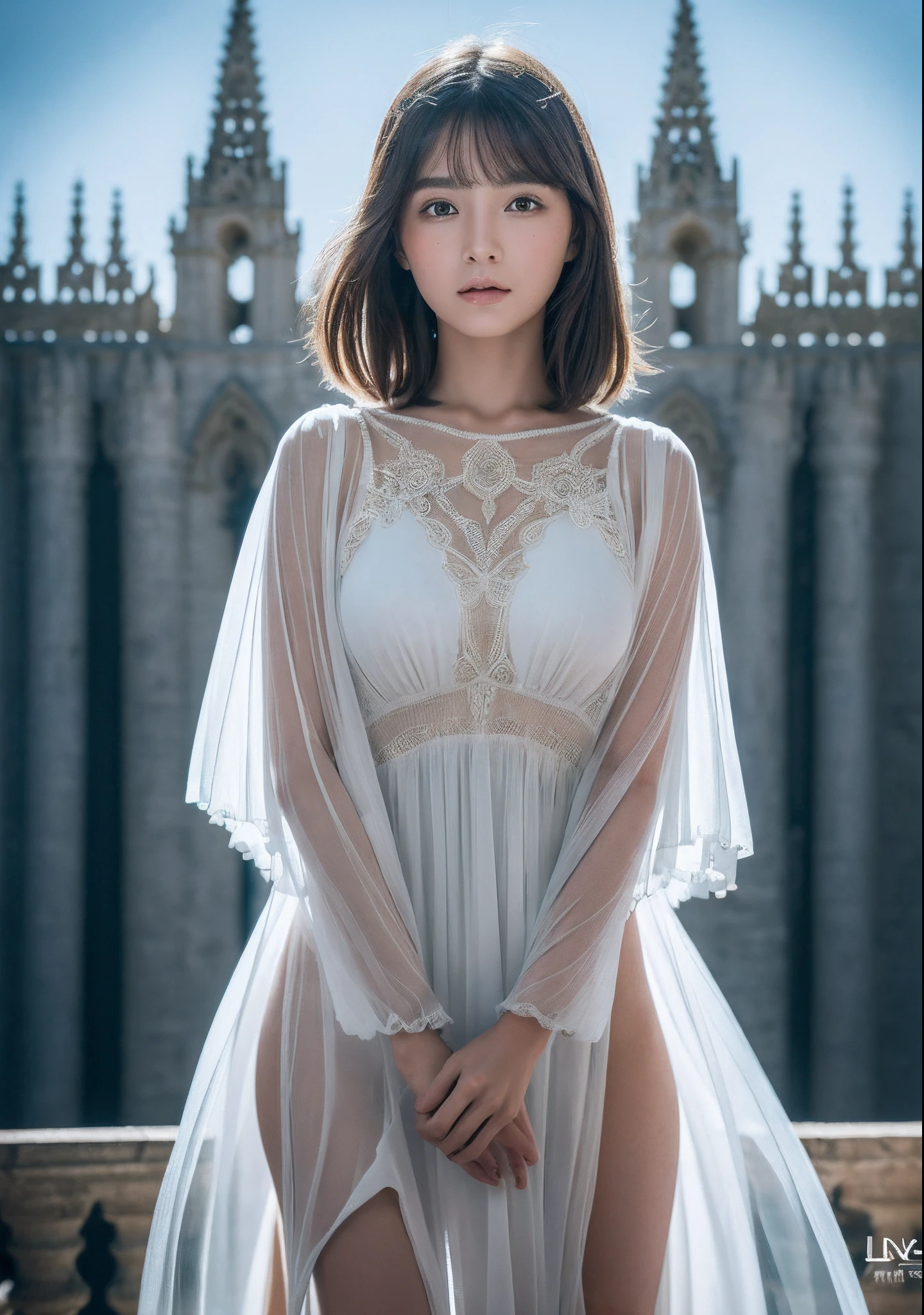 the Extremely Detailed CG Unity 8K Wallpapers、top-quality、ultra-detailliert、​masterpiece、studio shoot、Full body portrait、(Chiffon Lashing Dress:1.4), realisitic、Behind the photo、large full breasts、realisitic、Photo Real、extremely detailed cute girl、独奏、、Melancholy look, (Against the backdrop of the Jerónimos Monastery in Portugal:1.4), A dark-haired, Long Bob, out of focus、blur、