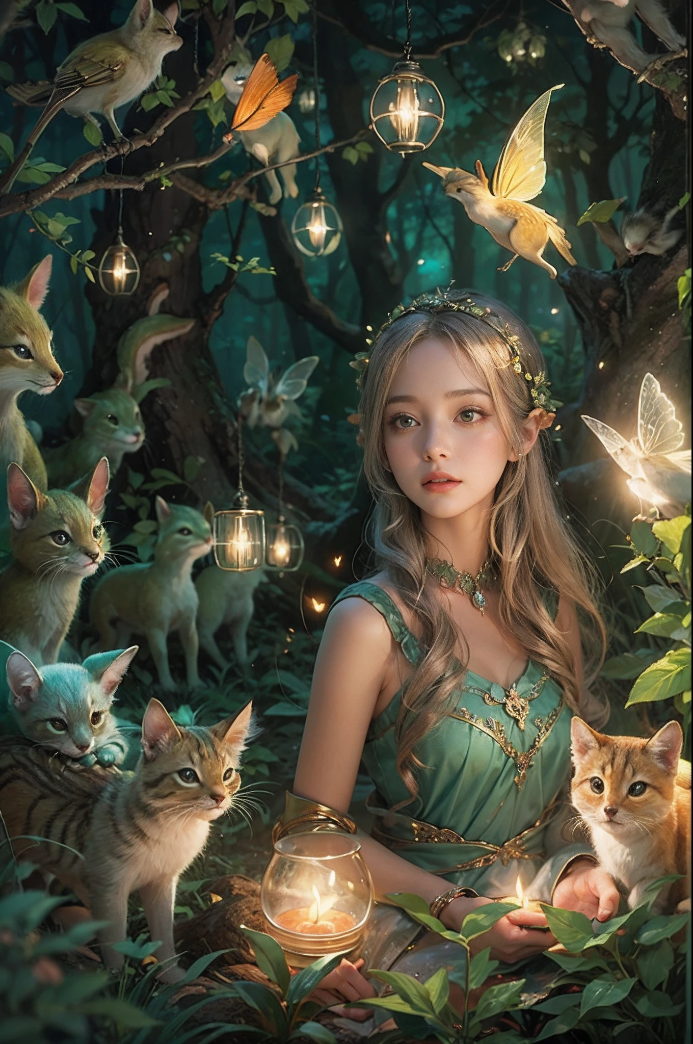 Image depicting a beautiful woman in an enchanted forest, Surrounded by a variety of cute magical creatures, As a fairy, Forest animals and bright fireflies. The scene is bathed softly, Ethereal light, Evoke a sense of surprise and delight.