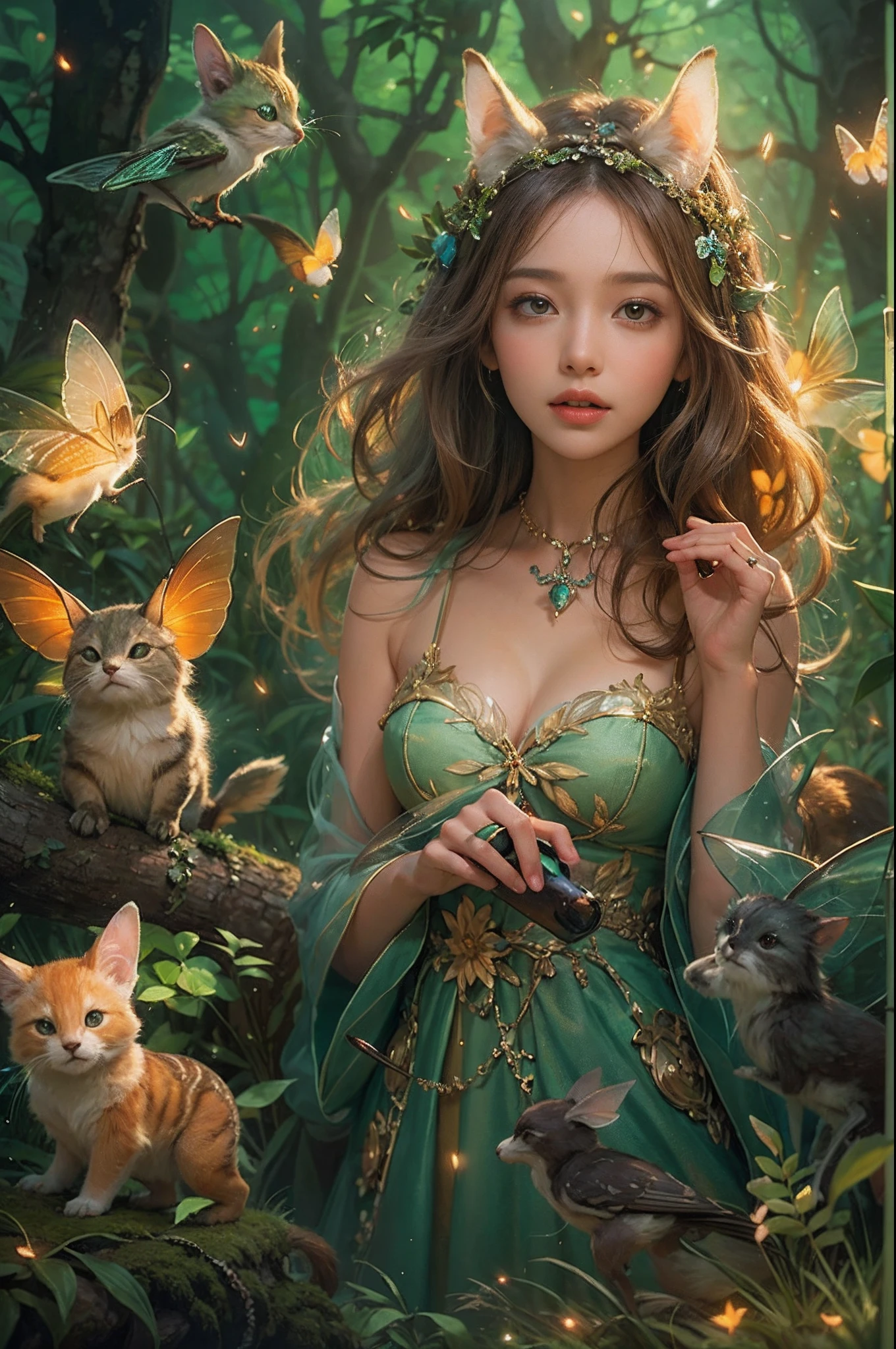Image depicting a beautiful woman in an enchanted forest, Surrounded by a variety of cute magical creatures, As a fairy, Forest animals and bright fireflies. The scene is bathed softly, Ethereal light, Evoke a sense of surprise and delight.