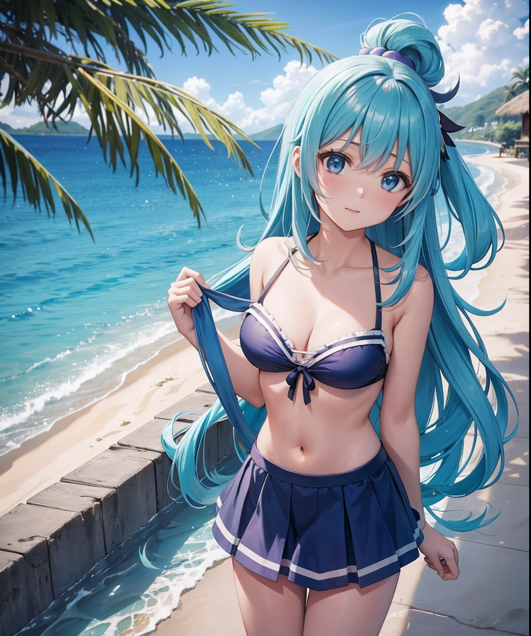 Kai Kokoai, STU48 Kai Kokoai, short hair, Cabelos longos azuis, 1girl_aqua_konosuba, outono, outono_Folhas, franja, Praia, azul_heaven, corar, seio, fechado_boca, nuvem, blue eyes, Nublado_heaven, 鎖骨, dia, vestir, campo, flor, flor_campo, horizonte, lago, folha, Olhando_em_ visualizador, montanha, montanhoso_horizonte, mar, ao ar livre, palm_tree, petal, planta, vermelho_flor, curto_Hair, sbikini_segurar, heaven, sorrir, sozinho, Standing, Sunset, tree, Twilight, water, sbikini_azul_vestir, olho perfeito