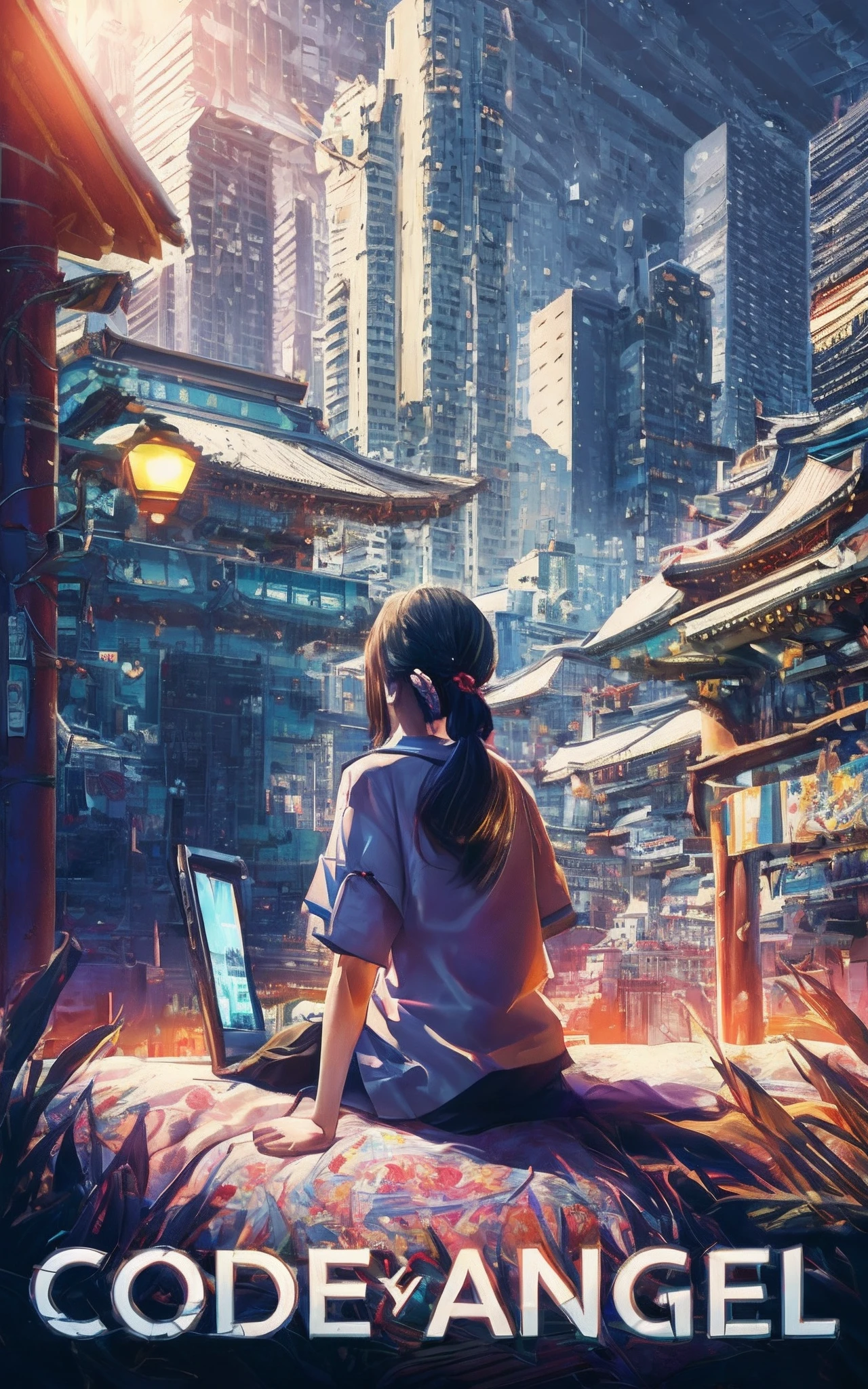 cinematic photograph Movie poster, showing a 13 year old girl sitting in a shrine in a valley between buildings in Akihabara, Tokyo, operating a laptop. The morning sun is shining. 8k, best rendering, top text say "Code Angel" Behind a girl looking in the direction of the morning sun、High-rise buildings、Girl in everyday clothes、masterpiece