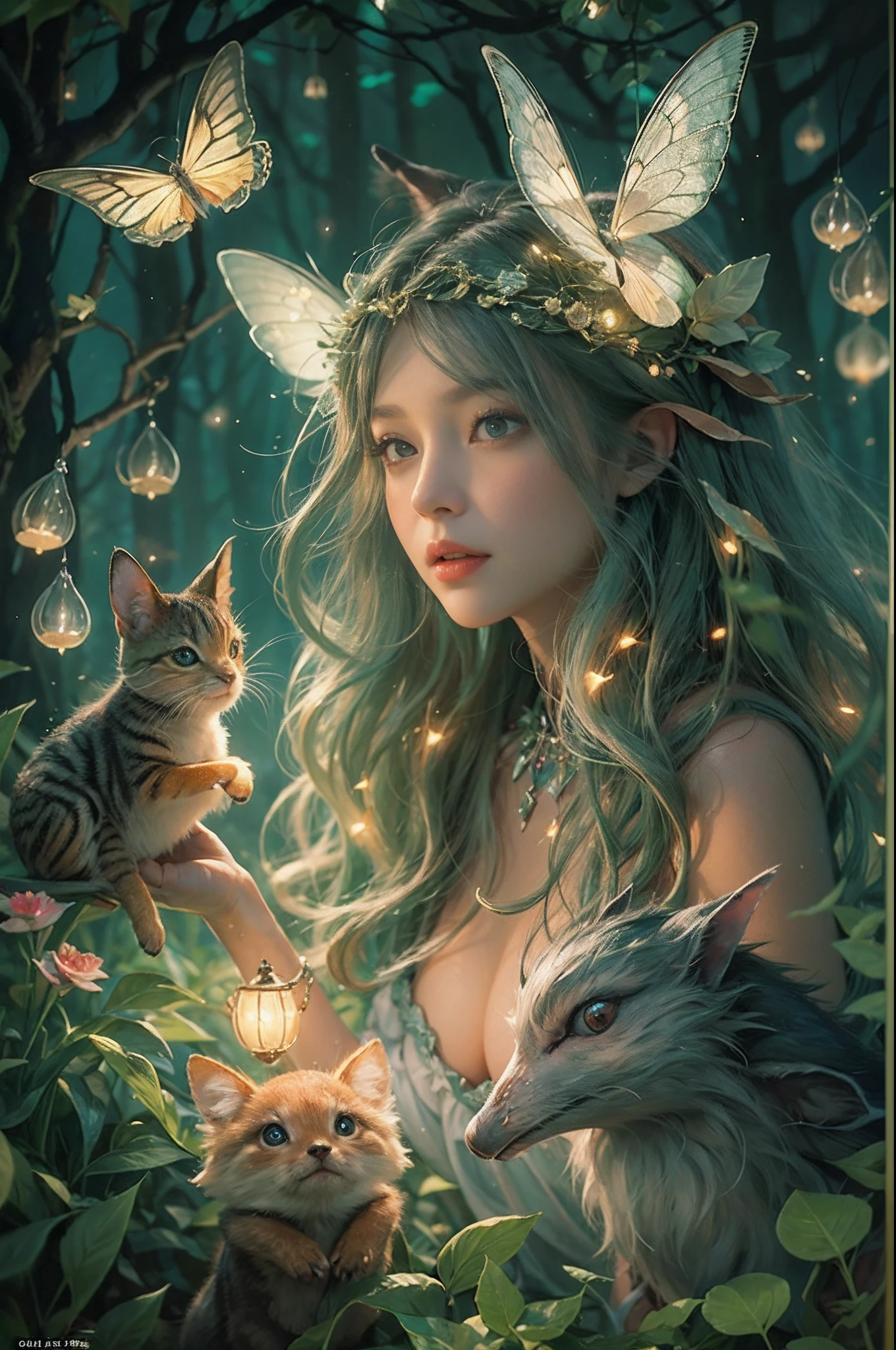 Image depicting a beautiful woman in an enchanted forest, Surrounded by a variety of cute magical creatures, As a fairy, Forest animals and bright fireflies. The scene is bathed softly, Ethereal light, Evoke a sense of surprise and delight.