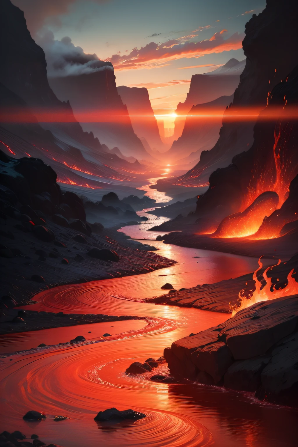 Arafis in the water,A jet of water flowed out of it, background of a lava river, Gradient red,pastelcolor, Lava and smoke, Cloud texture, melting clouds, Glowing swirling fog, Swirling mist,ethereal abstract