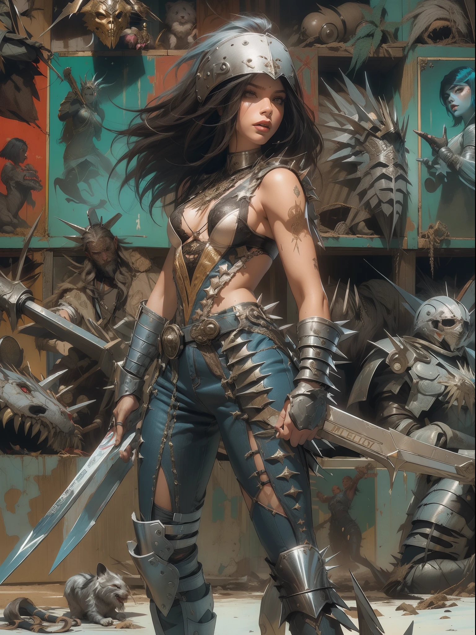 (((mulher))), (((melhor qualidade))), (((obra prima))), (((adulto))), (((1girl))), ((( corte de cabelo bob ))), Uma gladiadora cyberpunk mulher de 25 anos com corpo perfeito, shoulder pads with metal spines, Gladiadores do Brooklyn, (( corte de cabelo bob )), tiny leather panties, camiseta de time de rugby rasgada, quase nua no estilo selvagem urbano de Simon Bisley para a capa da revista Heavy Metal, Cabelo loiro curto, Minimum clothing, Metal protection on the left arm with intricate graphics, Dark red with white stars and zigzag striped pattern, azul marinho e branco, armadura, cheio de espinhos, (((do joelho pra cima))), cabelos loiro branco curto, no fundo uma parede pintada por Shepard Fairey com um design intrincado