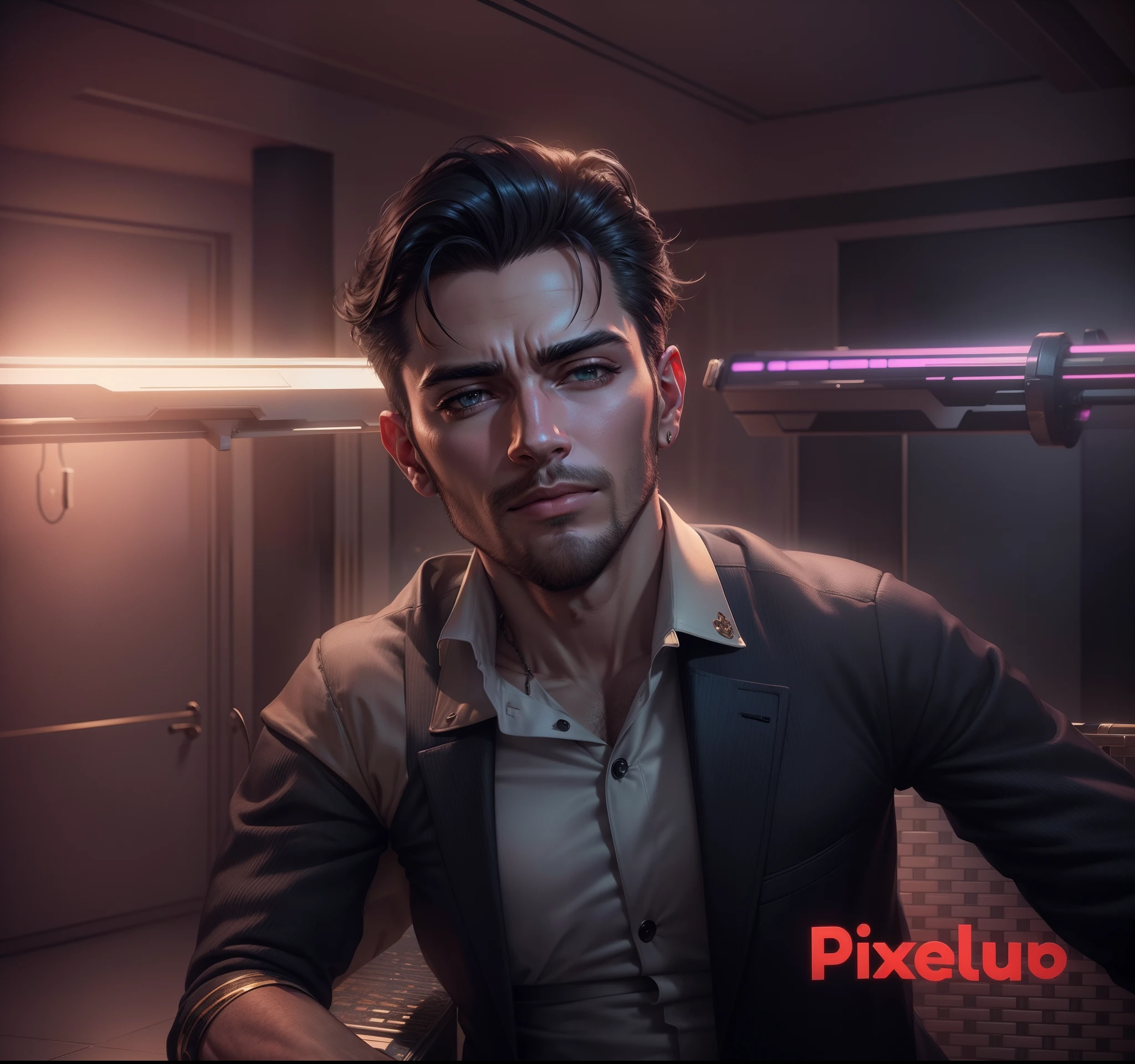 In luxury Hotel Cinematic vibes, ultra realistic animation, realistic face, also Cyberpunk handsome men