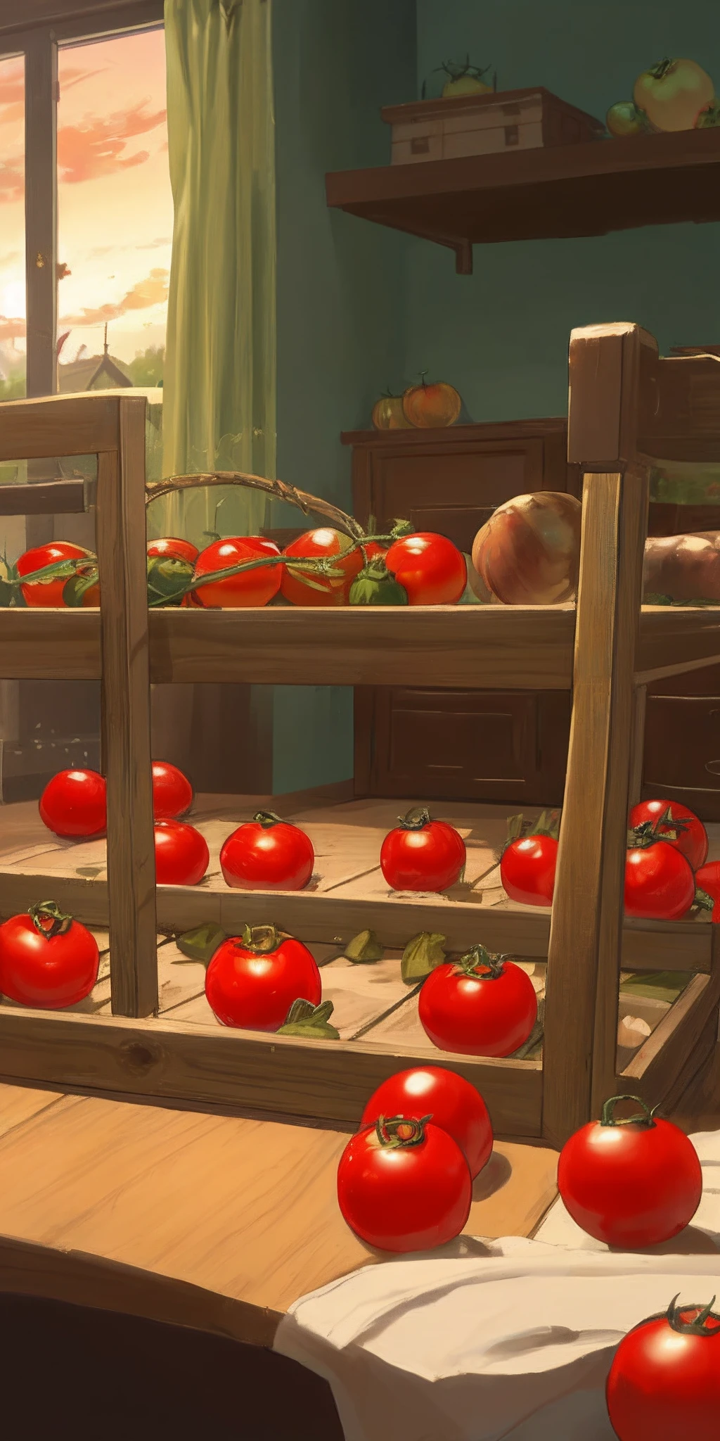 Tomates en una cesta de mimbre sobre una mesa antigua de madera y un atardecer con pajaros hiperrealista