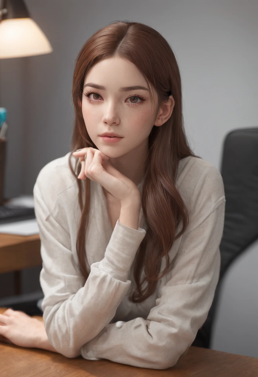 Havia uma mulher sentada em uma mesa de computador，olhando para o computador，vista para baixo，vista para baixo，Segure o teclado, estilo de arte realista, Digital anime illustration, arte de anime realista, estilo de arte fotorrealista, arte de anime digital, Estilo anime 3D realista, realismo estilo de arte, pintura digital dos desenhos animados, Estudante realista, digital character illustration, estilo realismo anime, menina anime jovem realista, arte de pintura digital dos desenhos animados, digital manga art
