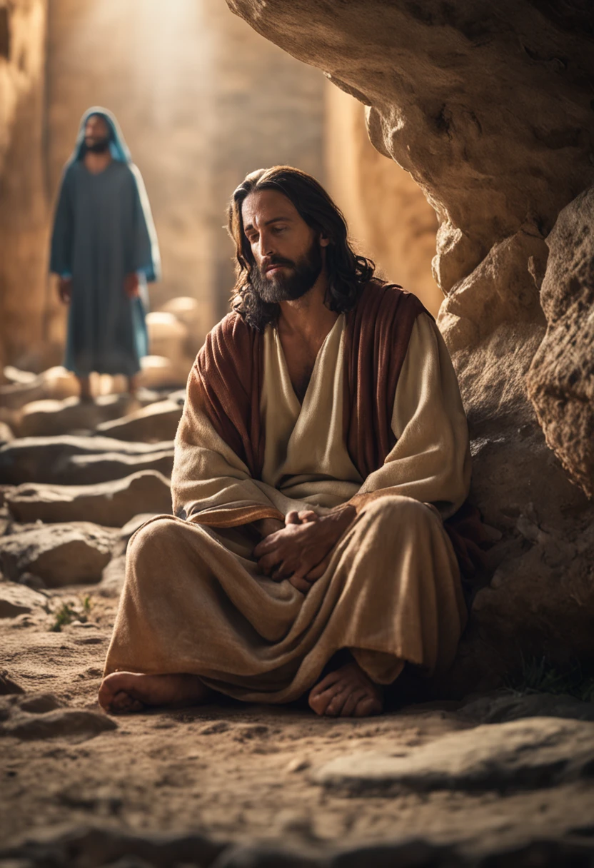 Jesus Christ with a kind face laying his hand on his head and healing a paralytic sitting at his feet