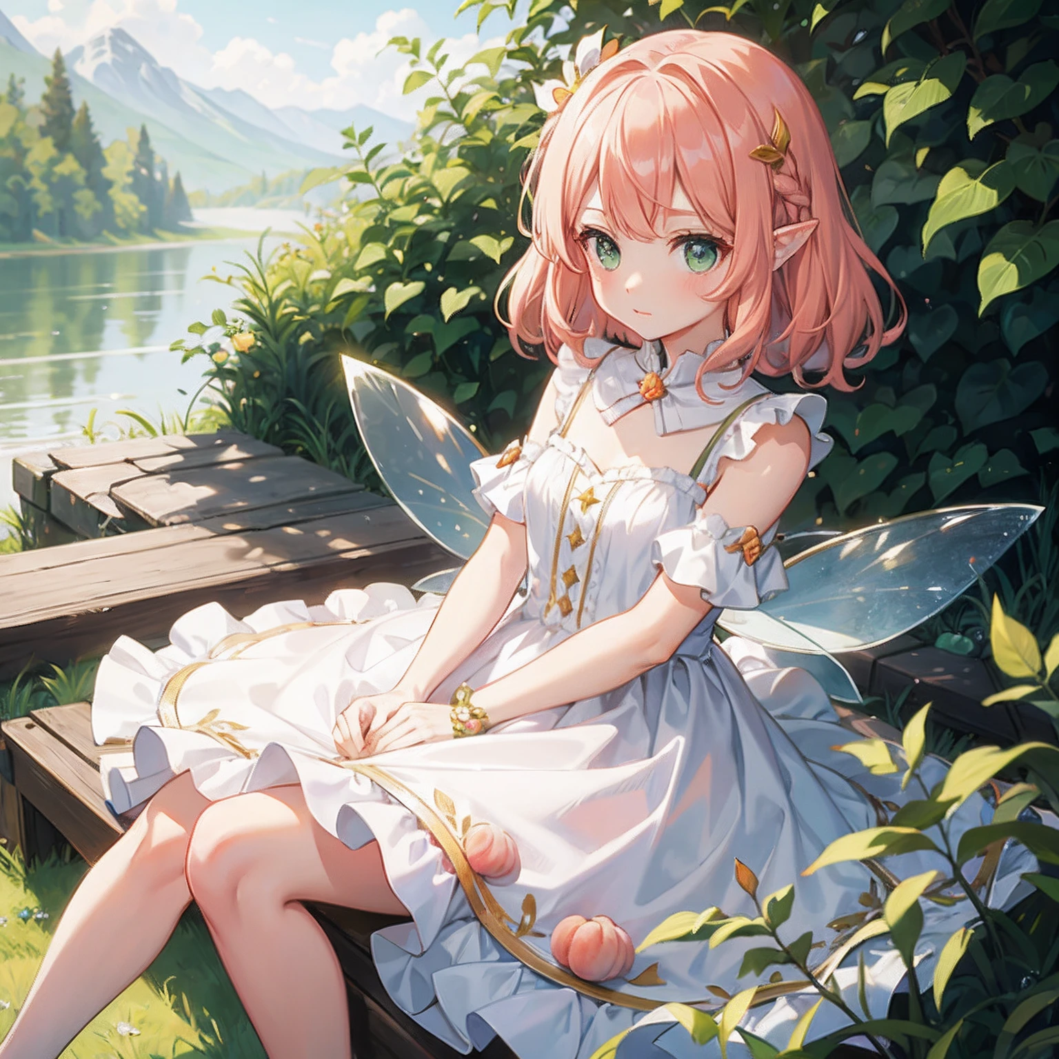 Fairy Girl,Medium hair with peach color,Green-eyed eyes,Cute big eyes, Petite,I'm wearing a dress