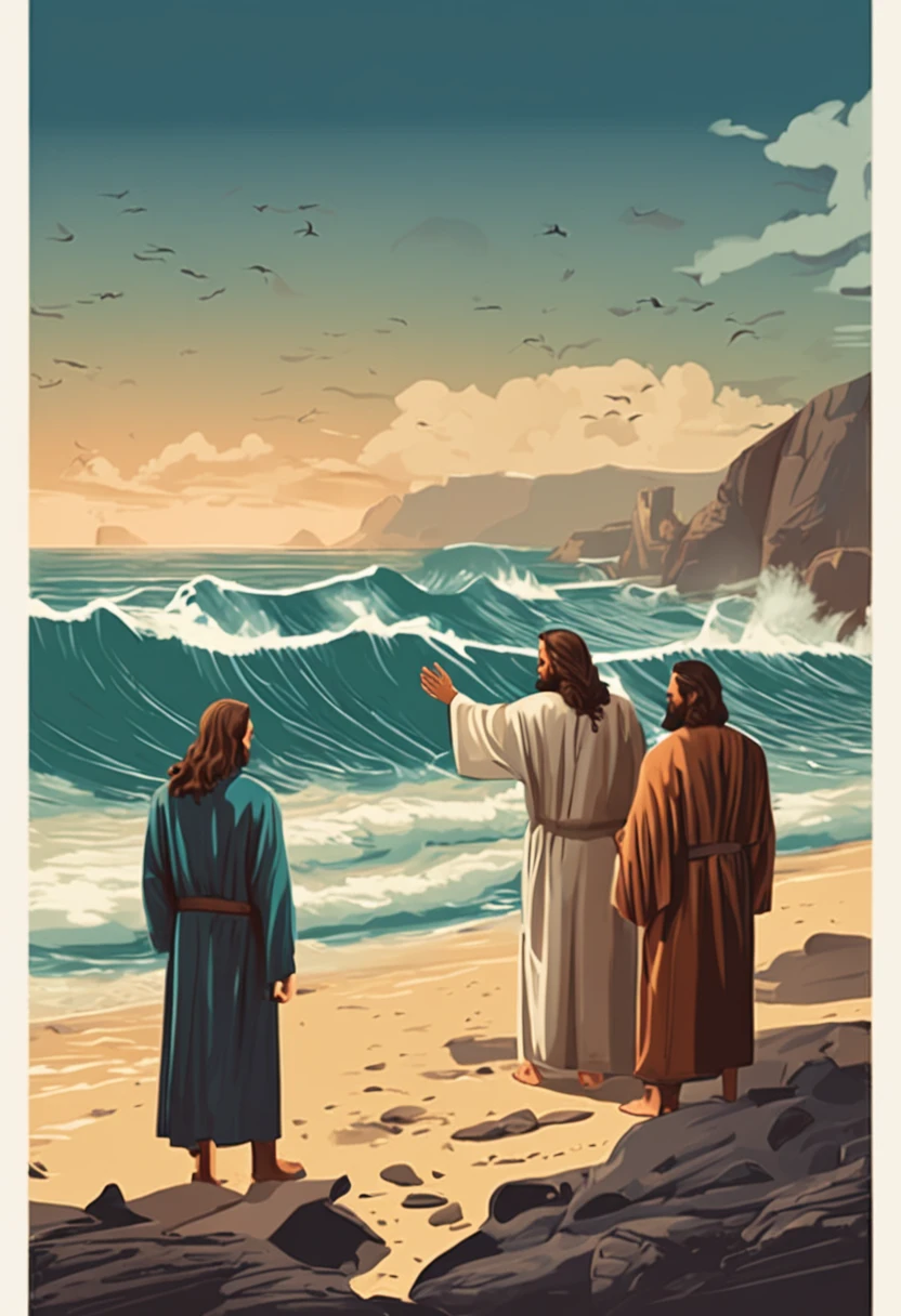 Jesus Christ and His 12 Apostles Talking by the Sea