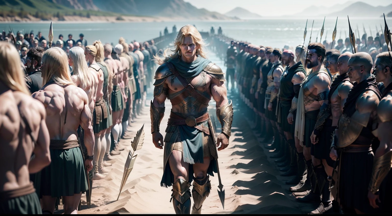 "Achilles, the legendary warrior, standing defiantly amidst a vast sea of fellow warriors, the arrow of fate hurtling towards his vulnerable heel."