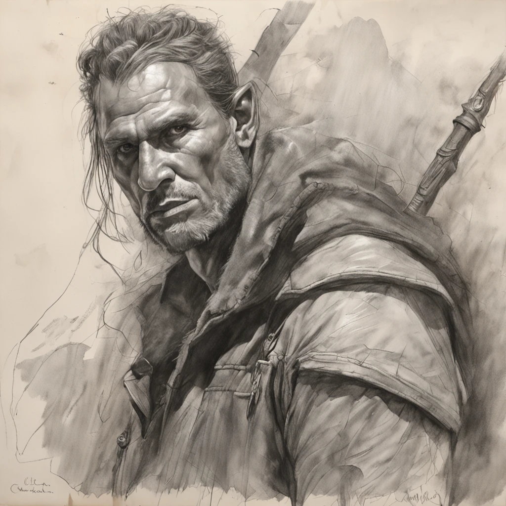 realistic - illustration - pencil art - anime - man ((Branco)), senhor do caos, mestre da magia, guerreiro, em pose imponente, with enigmatic look, cabelo preto, medium wearing adventurer's leather clothing, Rustic, The clothes are worn and dirty due to various battles, In the right hand is shining the magical power, ((magia)), ao fundo encontra-se uma vale, com montanhas e floresta no fundo, noite clara com lua cheia.