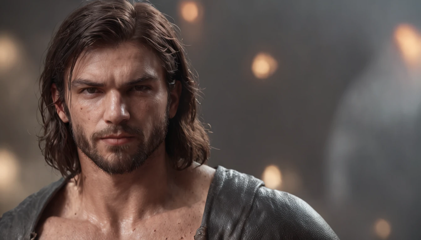 (Professional 3D rendering:1.3) de (Realistic:1.3) Foto de arte mais bonita do mundo,Features soft, bright male heroes, ((Epic hero fantasy rough muscular man wet hero angry look long hair short beard and fierce expression in dynamic pose, fantastic location, majestoso ambiente desordenado)), corpo inteiro 8k unidade render, action shot, poros da pele, very dark lighting, sombreamento pesado, circunstanciado, Rosto detalhado, (vibrante, fotogrdeia realista, Realistic, Dramatic, Escuro, foco nítido, 8k), (Old leather clothes damaged by bad weather:1.4), ((((Use peles)))), (intrincado:1.4), decadente, (altamente detalhado:1.4), pintura digital, rendering by octane, art stations, Conceito-Arte, liso, foco nítido, illustration, germe da arte, (Loish:0.23), Wlop Ilya Kuvshinov, e Greg Rutkowski e Alphonse Mucha Gracias, (global ilumination, studiolight, Light Volumetric), chuva forte, floating particles, patife, fantasia, Onze, corpo inteiroesbian, ((Fundo escuro e antigo da cidade:1.3)),CGSesociedade,art stations