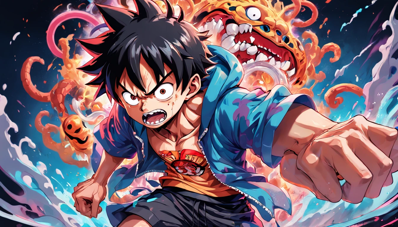painting Luffy Gear 5 onepiece with a chain around its neck, anime abstract art, graffiti art style, graffiti art, biopunk art, graffiti street art, vibrant cartoon art, furry art, high quality gloss art, vibrant fan art, anime artwork, nychos art aesthetic, detailed art, hylics artwork, rave art, fantastic artstyle, full art, design art