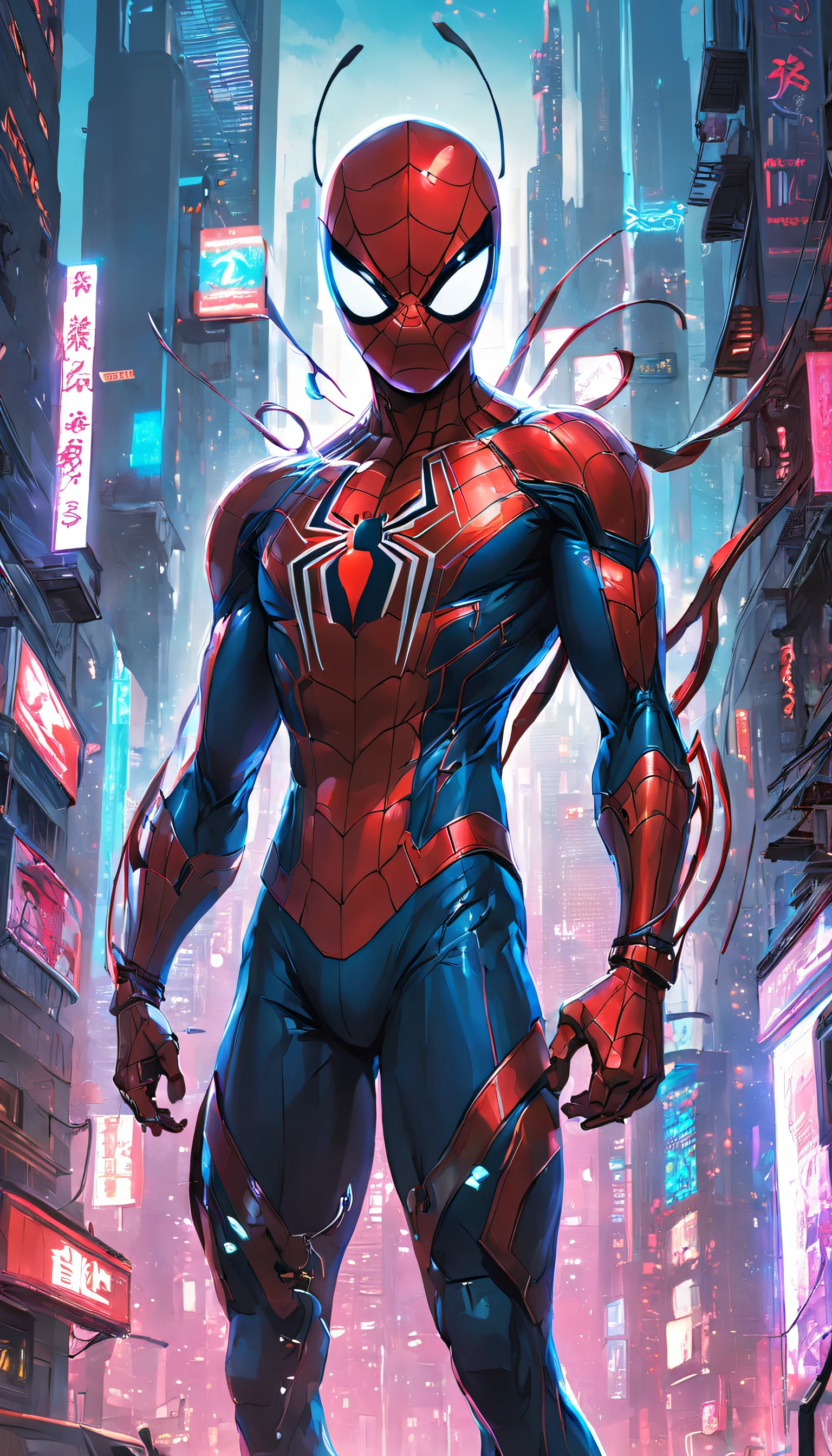 Get ready to witness the merging of the worlds of Spider-Man and Cyberpunk in one breathtaking image. Nesta obra-prima visual em 8K, You will be transported to a futuristic and dystopian environment, where the iconic Marvel hero gets a new look.

O Homem-Aranha surge em uma paisagem urbana imponente, dominated by gigantic skyscrapers and holographic advertisements that shine brightly. The neon lights reflect off his cybernetic armor, creating a striking contrast between the hero's characteristic red and blue and the oppressive darkness of the environment.

Seu traje, remodelado para se adequar ao estilo Cyberpunk, features metallic details and futuristic lines, combining functionality and futuristic aesthetics. The advanced fabric, adornado com circuitos luminosos, it seems to pulsate with electronic energy as Spider-Man prepares to face the challenges of this chaotic world.

The surrounding city is full of characteristic elements of the Cyberpunk style, como carros voadores, cyber implants, Drones and robots, Adding a unique and technological atmosphere to the image. The contrast between the grandeur of the buildings and the presence of Spider-Man in the midst of this dystopian landscape conveys a sense of solitary heroism and resilience against adversity.

A qualidade impressionante em 8K permite que cada detalhe seja visualizado com clareza e realismo, from the intricate webs cast by Spider-Man to every reflection and texture in the futuristic environment.

Get ready to marvel at this epic junction between the Spider-Man universe and the Cyberpunk aesthetic, in an image that will captivate your imagination and transport you to a world where action, a tecnologia e a aventura se unem em perfeita harmonia.