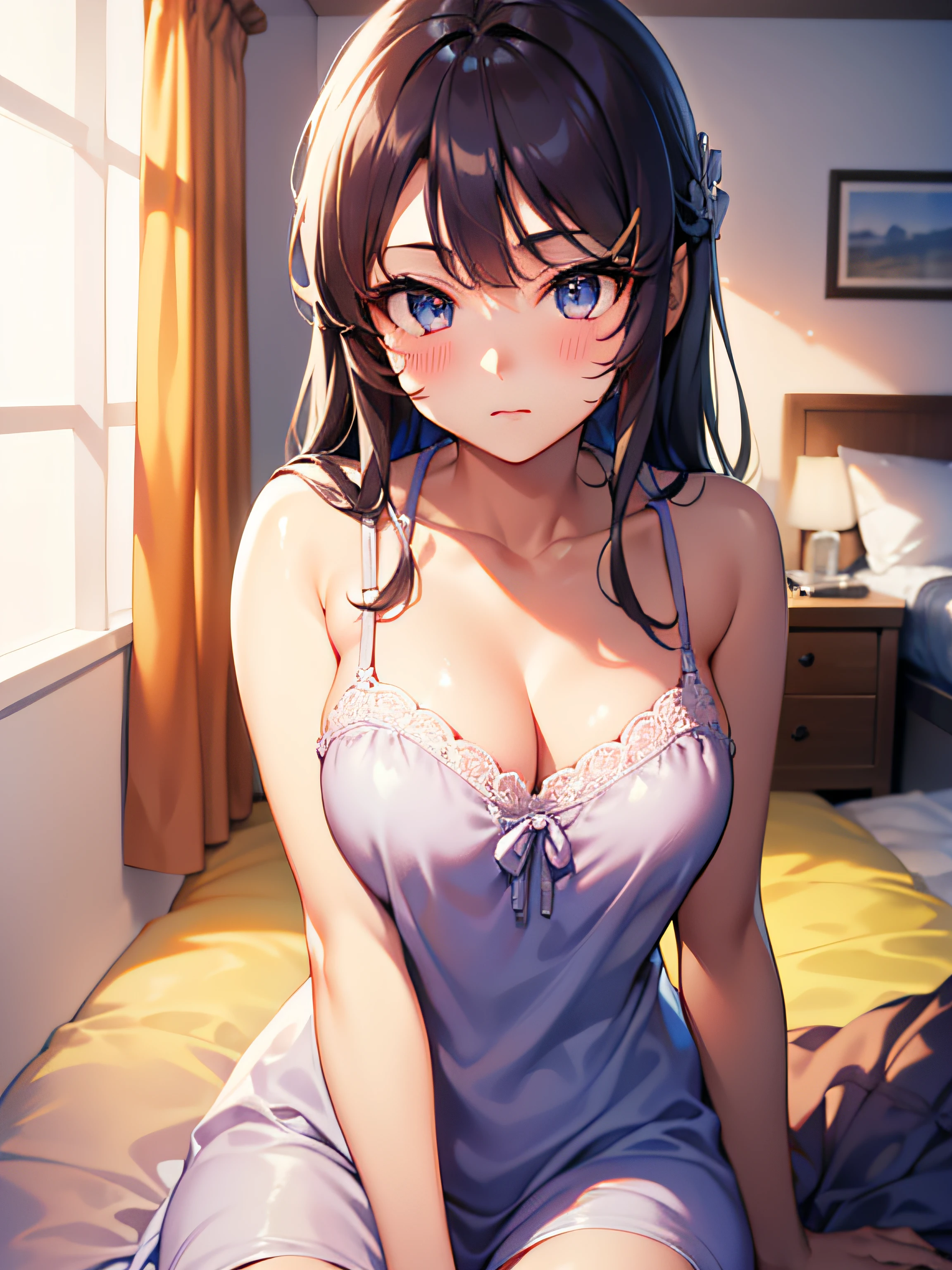 ((best quality, highres, UHD, 8k wallpaper, extremely detailed, perfect pixel, perfect anatomy)), ((anime smooth CG, skin texture:1.2)), 1sakurajimamai, anime character, 2d, sketch art, one anime woman, sad, blushing, embrassed, black hair, busty, medium breasts, cleavage, POV, close up, looking at viewer, ((nightgown, dress)), (detailed eyes, beautiful eyes), (indoor, bedroom)