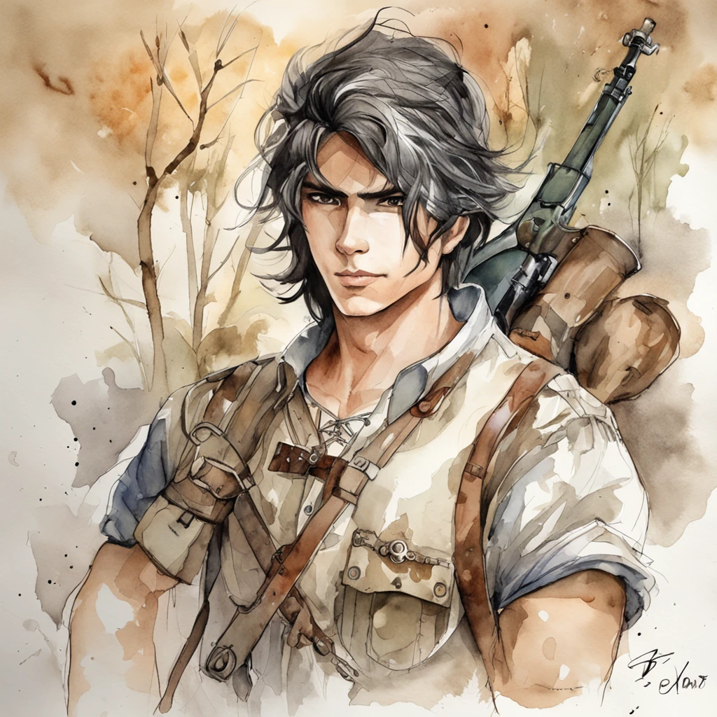 Realistic - Illustration - Pencil Art - Colorful - Anime - Man ((Branco)), senhor do caos, mestre da magia, guerreiro, em pose imponente, with enigmatic look, cabelo preto curto corte de cabelo estilo militar, vestindo roupas de couro de aventureiro, Rustic, The clothes are worn and dirty due to various battles, In the right hand is shining the magical power, ((magia)), ao fundo encontra-se uma vale, com montanhas e floresta no fundo, noite clara com lua cheia.