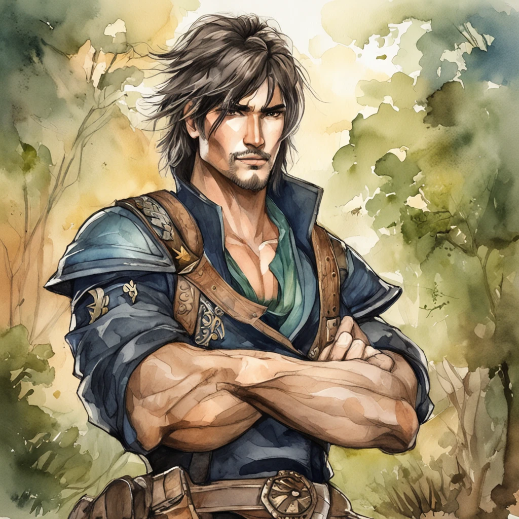 Realistic - Illustration - Pencil Art - Colorful - Anime - Man ((Branco)), senhor do caos, mestre da magia, guerreiro, em pose imponente, with enigmatic look, cabelo preto curto corte de cabelo estilo militar, vestindo roupas de couro de aventureiro, Rustic, The clothes are worn and dirty due to various battles, In the right hand is shining the magical power, ((magia)), ao fundo encontra-se uma vale, com montanhas e floresta no fundo, noite clara com lua cheia.