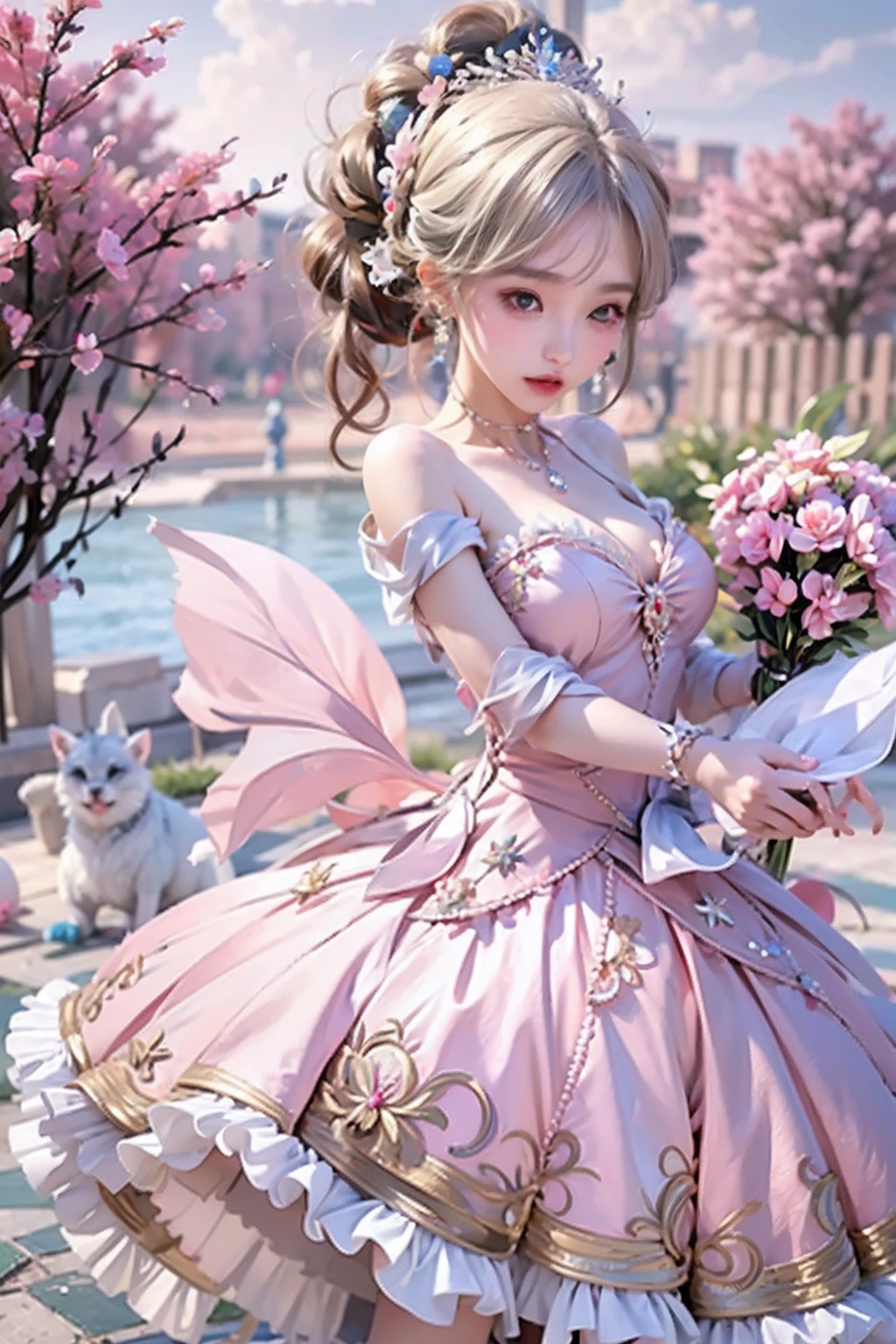 best qualtiy, tmasterpiece, 超A high resolution, (realisticlying:1.5), RAW photogr, 1girll, silber hair, Long whit hair,hair adornments,shoulder,cold and glamorous,Sexy look,Cyan and pink tulle dress, Detailed scene, amazing pose, Eye-catching accessories, painting-like、Cinderella、Shorthair