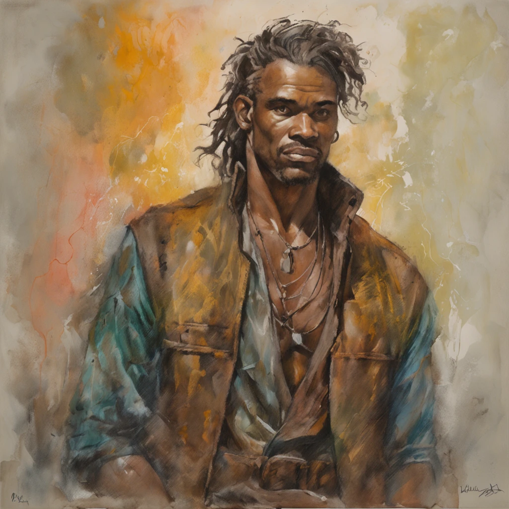 Realistic - Illustration - Pencil Art - Colorful - Anime - Man ((Branco)), senhor do caos, mestre da magia, guerreiro, em pose imponente, with enigmatic look, cabelo preto, medium wearing adventurer's leather clothes, Rustic, The clothes are worn and dirty due to various battles, In the right hand is shining the magical power, ((magia)), ao fundo encontra-se uma vale, com montanhas e floresta no fundo, noite clara com lua cheia.