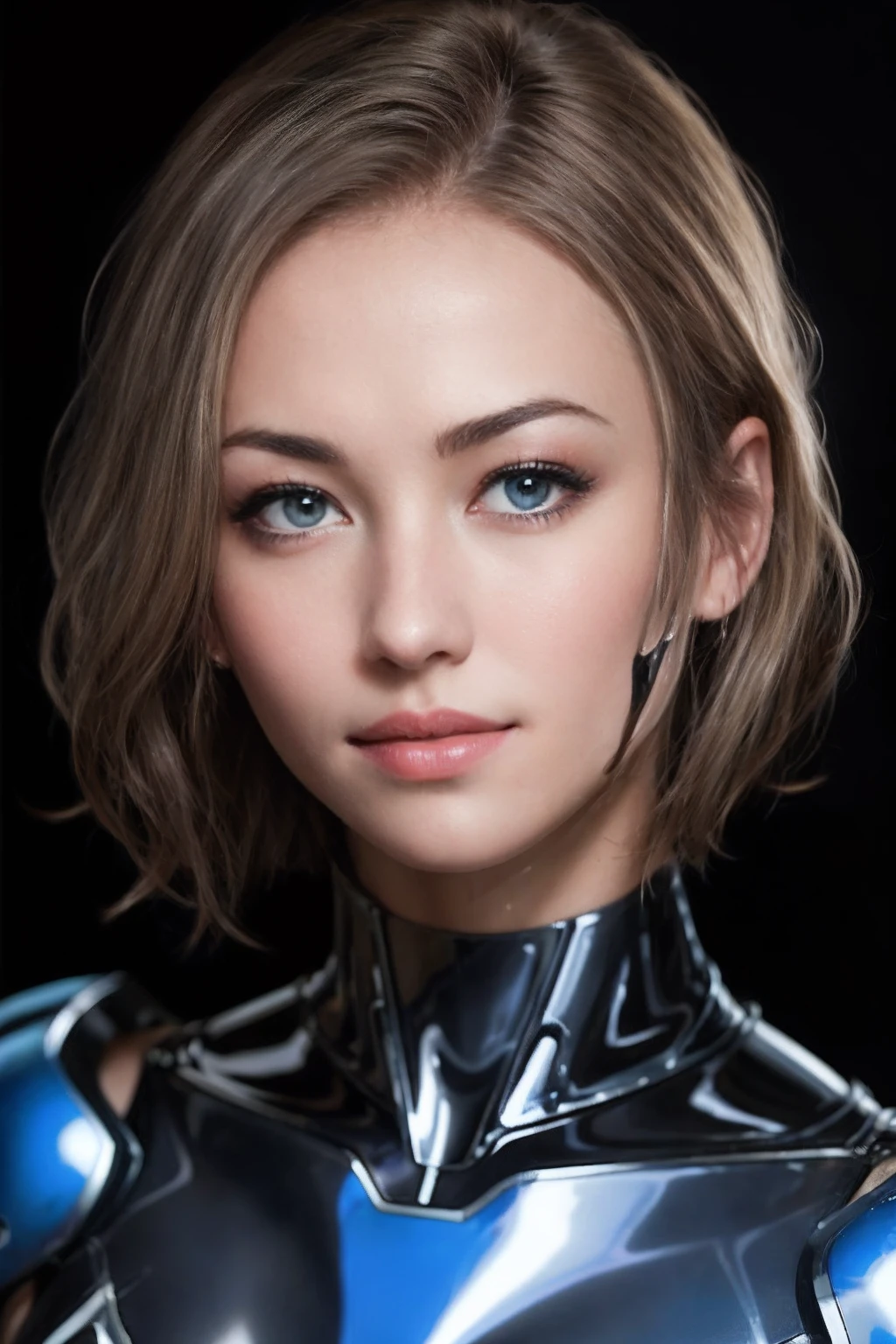 Photo of Yvonne Strahovski in a mecha suit, Solo, Blue eyes, Reverse Bob Haircut, Shiny skin, Wet skin, shiny glossy skin, Glossy skin, Oily skin, Headshot on black background, Warm atmosphere, photograph, photo shot, Shot with Panavision Panaflex Platinum camera equipped with Panavision Primo Prime spherical lens 75mm T1.9