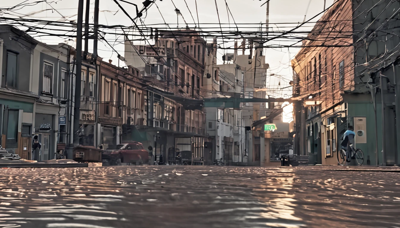 the highest picture quality，exquisitamente，Sense of science and technology，In the middle of the road are puddles of rain in a city of advanced civilization，Los lofts chinos se elevan como nubes，The road is lined with fine wooden buildings，The sky is full of bright stars and fantastic stars, nudes de lluviaestilo anime de los 90，