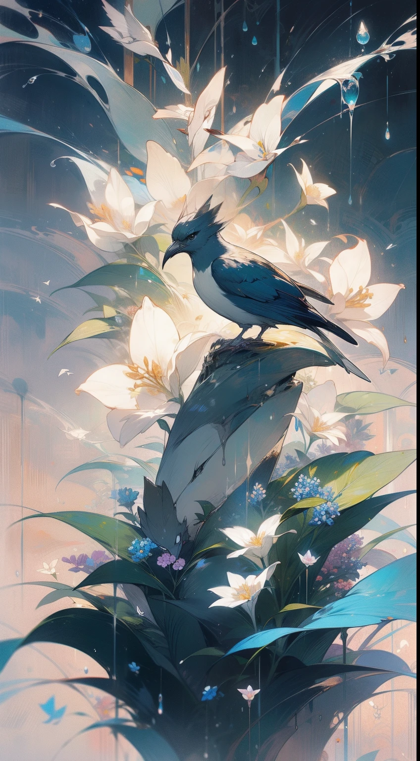 ((strange flower)), bird, no_humans, animals, flower, gorgeous flowers, stunning, garden, delicate, flowers, gentle,beautiful, nature, leafs, water drop, after rain, detailed, intricate, wallpaper