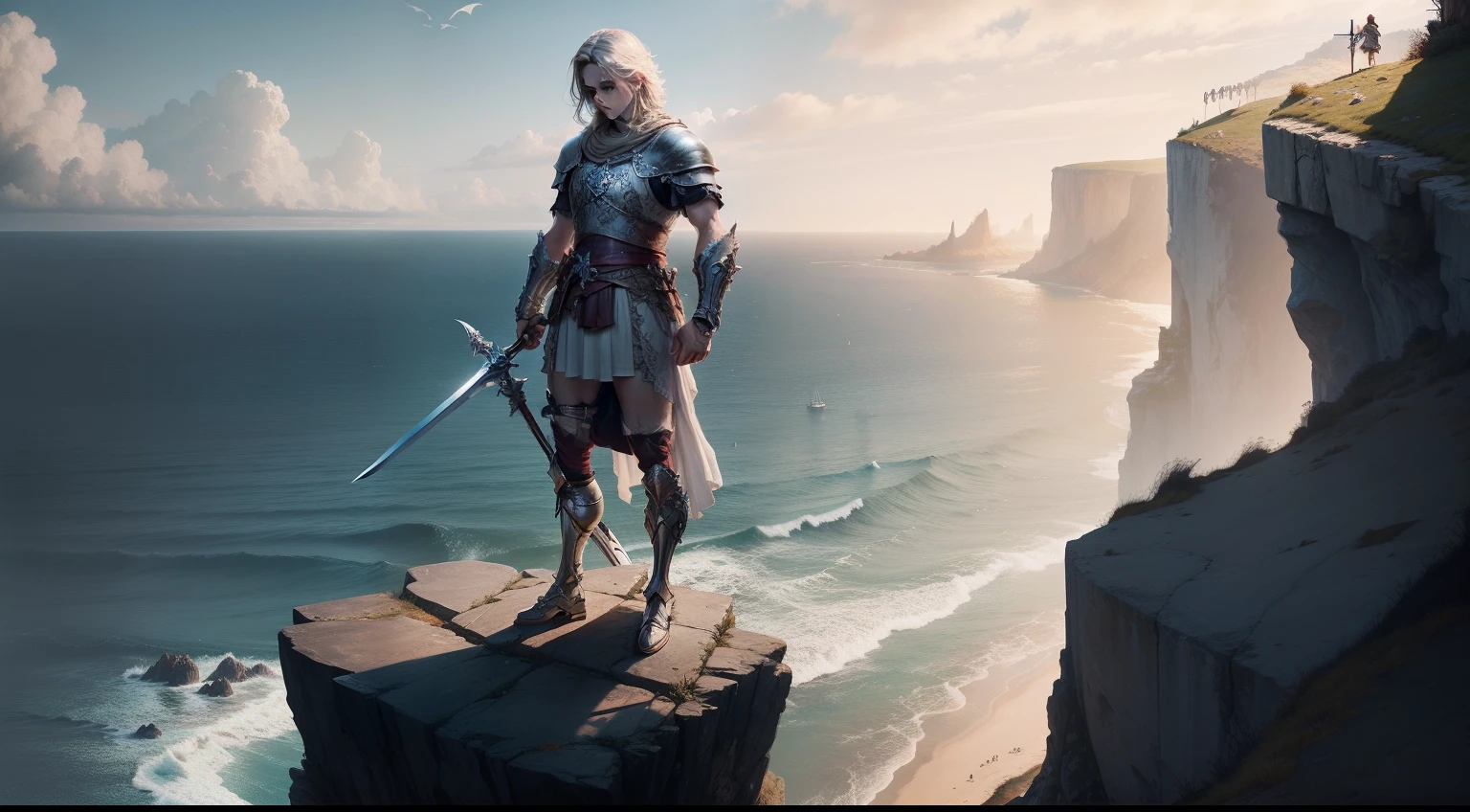 A sorrowful Ajax, standing atop a cliff overlooking the sea, his sword in hand.