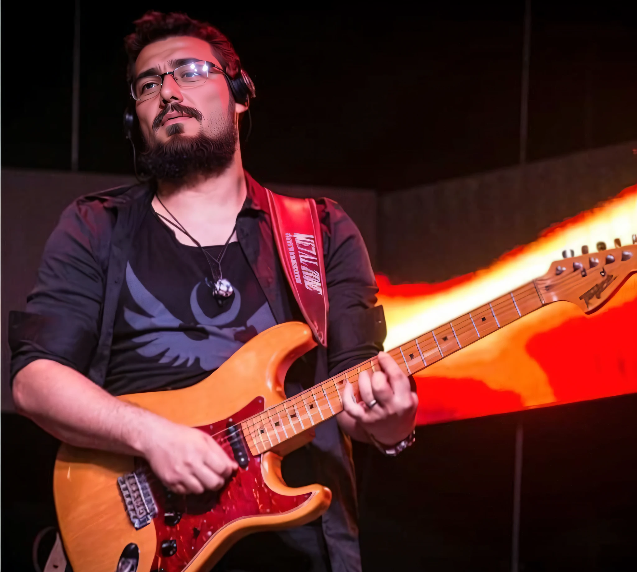 Man with beard playing guitar in front of a red light, Nekro Petros Afshar, tocando guitarra no palco, Emad Mostaque, Condutor de Ene, Sayem Reza, Kyza Saleem, Ahmad Merheb, Directed by: Alejandro Obregon, Miguel Vicente, Directed by: Juan O'Gorman, Directed by: Derek Zabrocki