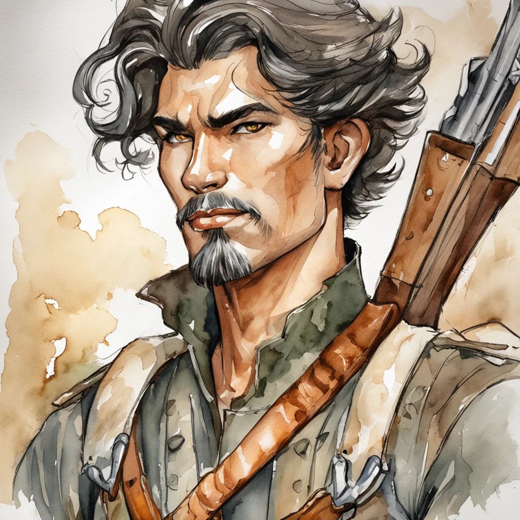 Realistic - Illustration - Pencil Art - Colorful - Anime - Man ((Branco)), ((guerreiro)), senhor do caos, mestre da magia, em pose imponente, with enigmatic look, cabelo preto curto corte de cabelo estilo militar, vestindo roupas de couro de aventureiro, Rustic, The clothes are worn and dirty due to various battles, In the right hand is shining the magical power, ((magia)), ao fundo encontra-se uma vale, com montanhas e floresta no fundo, noite clara com lua cheia.