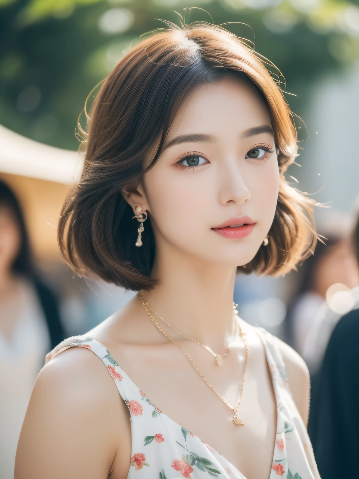(((8Very high resolution in K, high detailing, highly accurate, masutepiece))),Photography & realistic atmosphere,shinny skin,Beautiful skin,fine-grained white skin,A detailed face,A detailed eye、Dark green eyes,Very pretty eyes,Detailed lips、Very beautiful face,Very well-formed face、Lifelike face,shiny beautiful lips,Beautiful eyebrows,Detailed background of Ebisu,、Delicate Makeup,Optimal natural makeup(((8K,very high res, high detailing, High Definition, masutepiece))),Japan idle,韓国アイドル,Very beautiful woman,Very beautiful girl,Very shapely big、Ornaments that match beautiful fashion(((high-detail,high detal,masterpiece,Simple and elegant ornaments,a necklace,Bracelets, the ring, piercings,))),Adornments designed to the smallest detail,Very stylish and beautiful casual fashion,Summer Casual Fashion,Photograph the whole body,Very Beautiful Japan Woman, age~22year ol colorful dress with a beautiful silhouette that sticks to design,Colorful dresses made with attention to detail,Beautiful floral dress,Wearing beautiful heeled sandals,very beautiful hair with brown hair and shiny,Stylish and very beautiful shorthair,Teary-eyed,Gentle smile,Watch viewers as they walk through the city,natural soft light,(((photorealisim))),Reality Live Action,Nail art and beautiful nails,Beautiful legs,turned around,Very high resolution face,Realistic face,Natural light of the city,Raw photo,Light Images,Fresh Images
