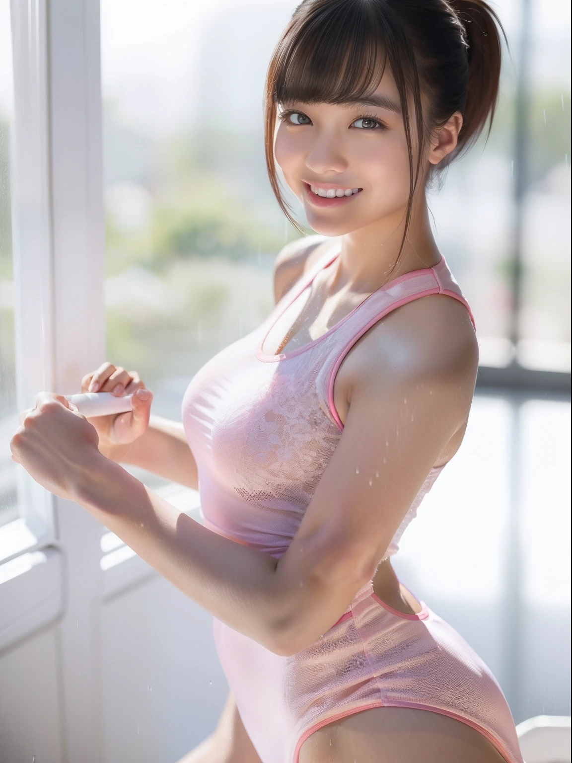 masterpiece、top-quality、Leotard in white and pink gym clothes style、Extraordinary beauty、A dark-haired、huge smile、Full body like、Under the heavy rain